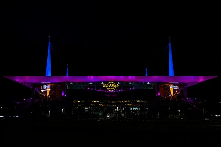 Hard Rock stadium is bathed in the colors of Super Bowl LIV. Photo courtesy Miami Dolphins.