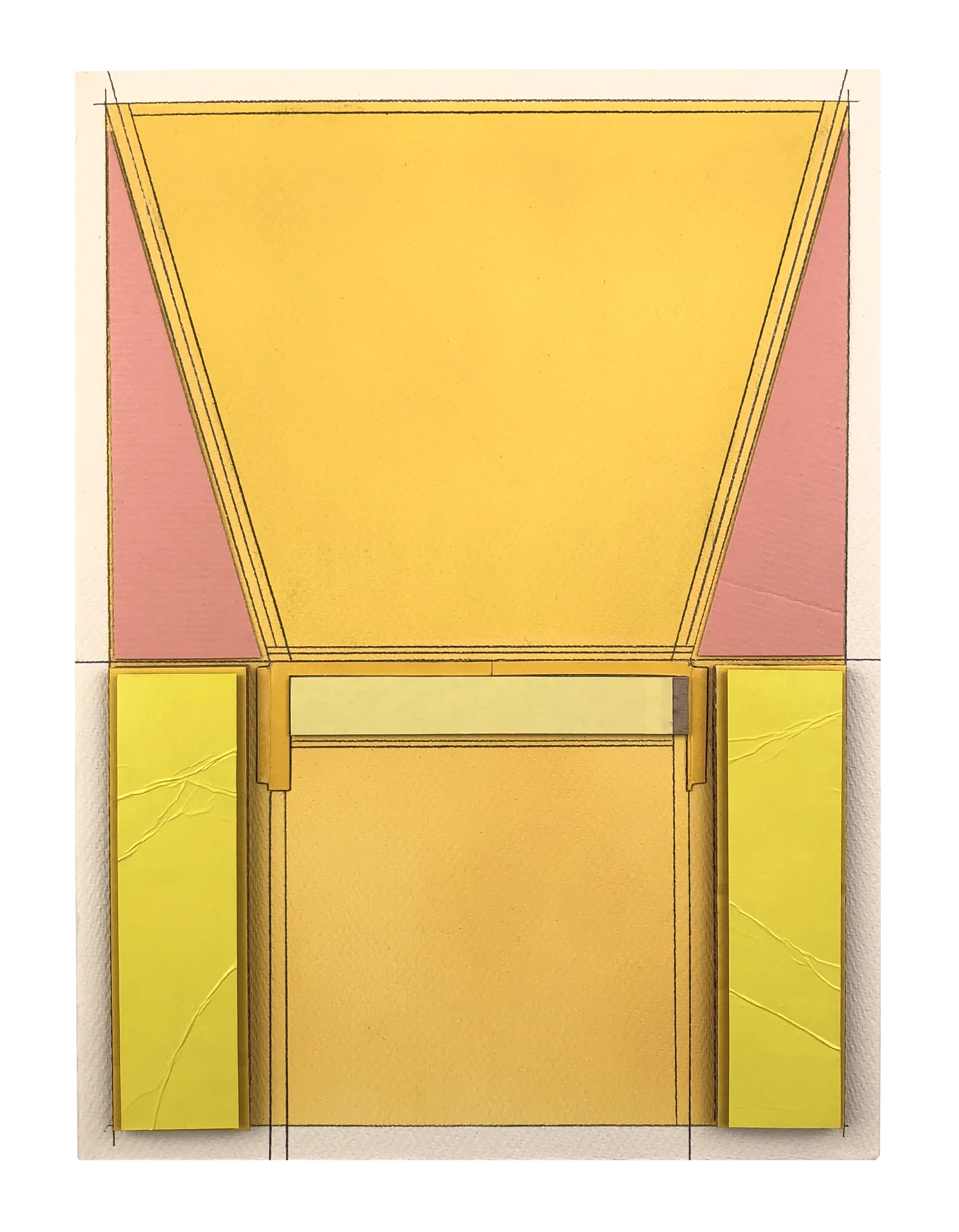   Yellow Letter 1 , 2019  Spray paint, acrylic, oil pastel, cardboard, pencil on paper  15 x 11 inches 