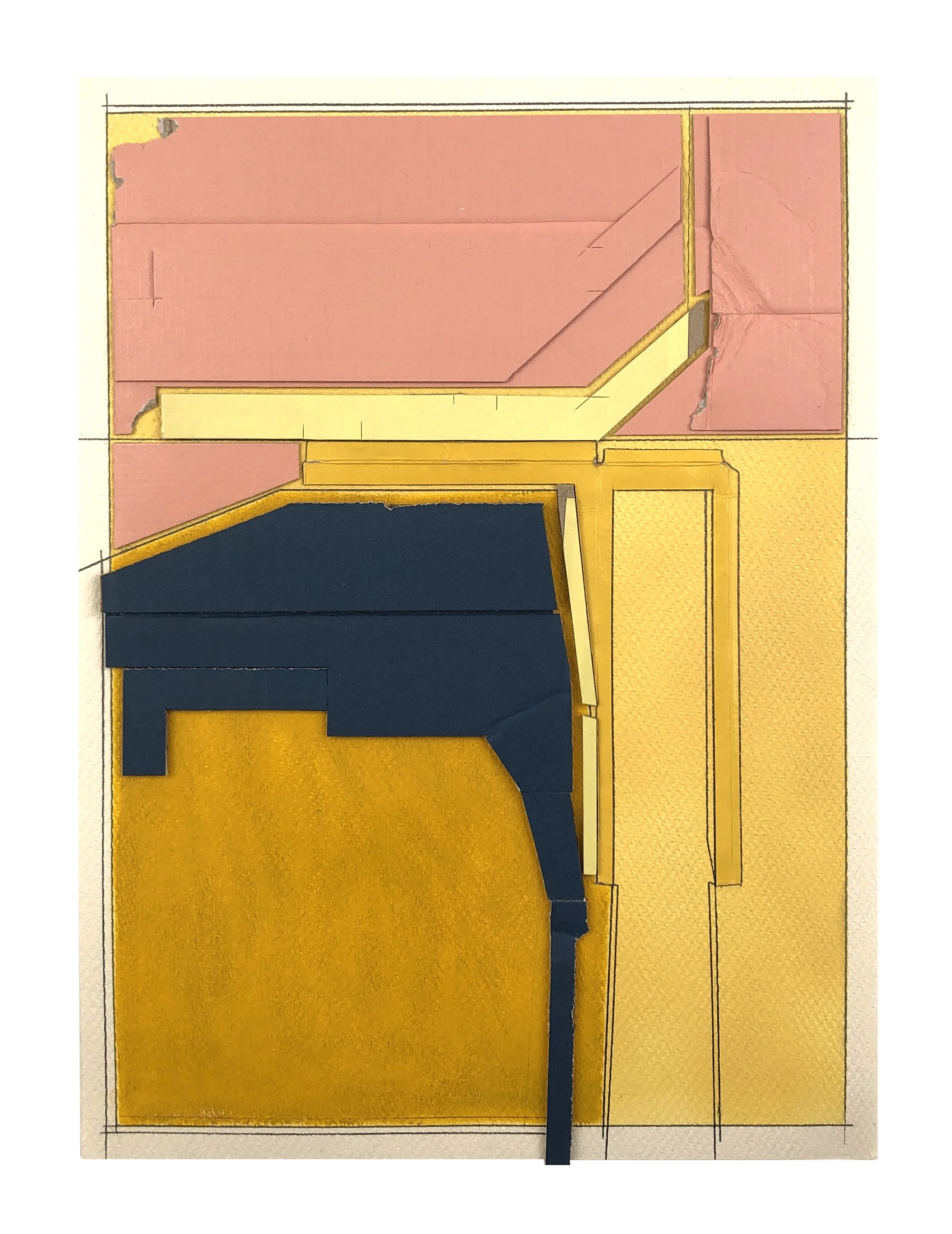   Yellow Letter 4 , 2019  Spray paint, acrylic, oil pastel, cardboard, pencil on paper  15 x 11 inches 