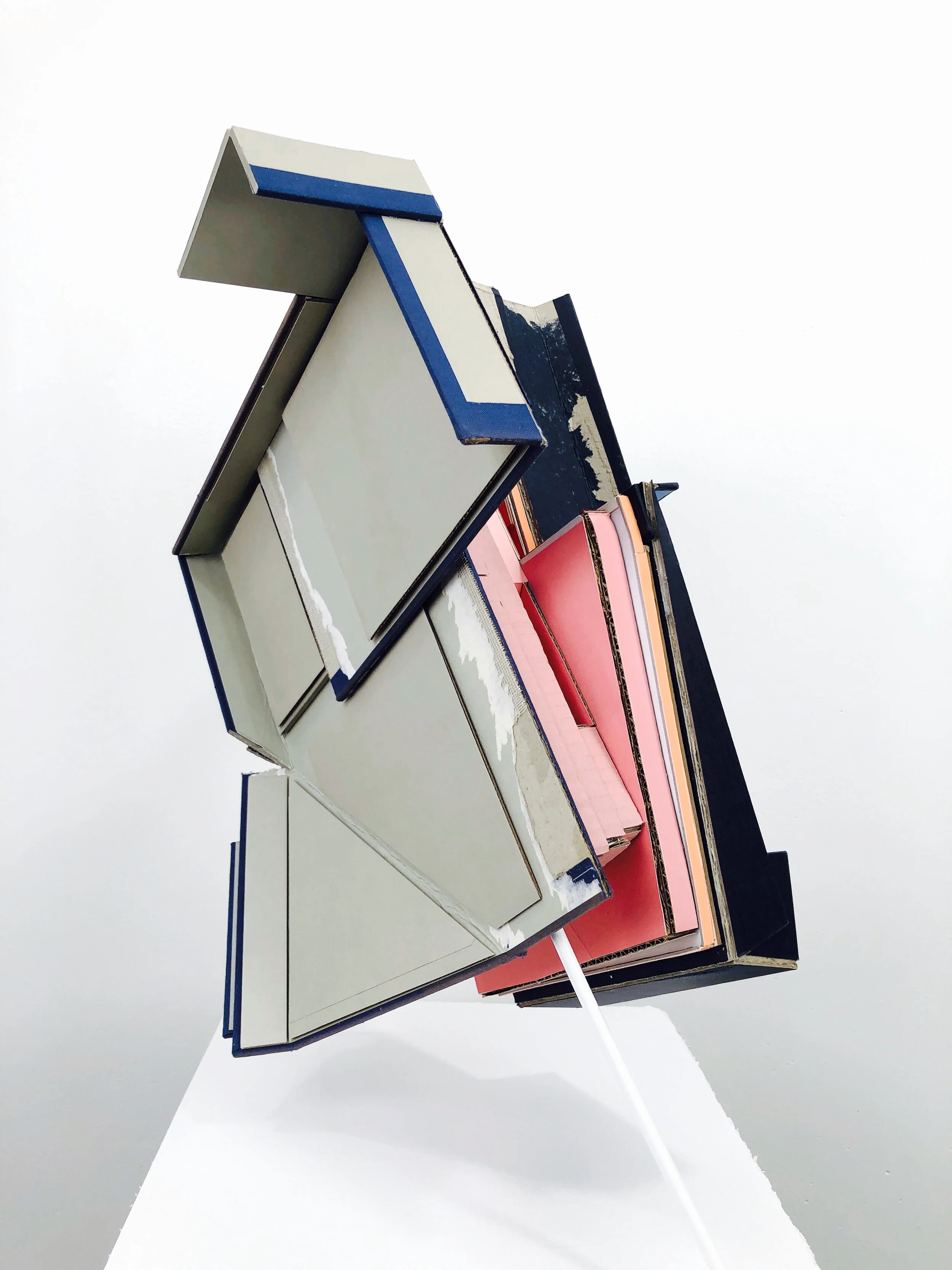    Carrier 3 (Lean-to)  , 2020  found (unpainted) cardboard, cut book covers, foamcore, wood dowels  16L x 9W x 18.5H inches 