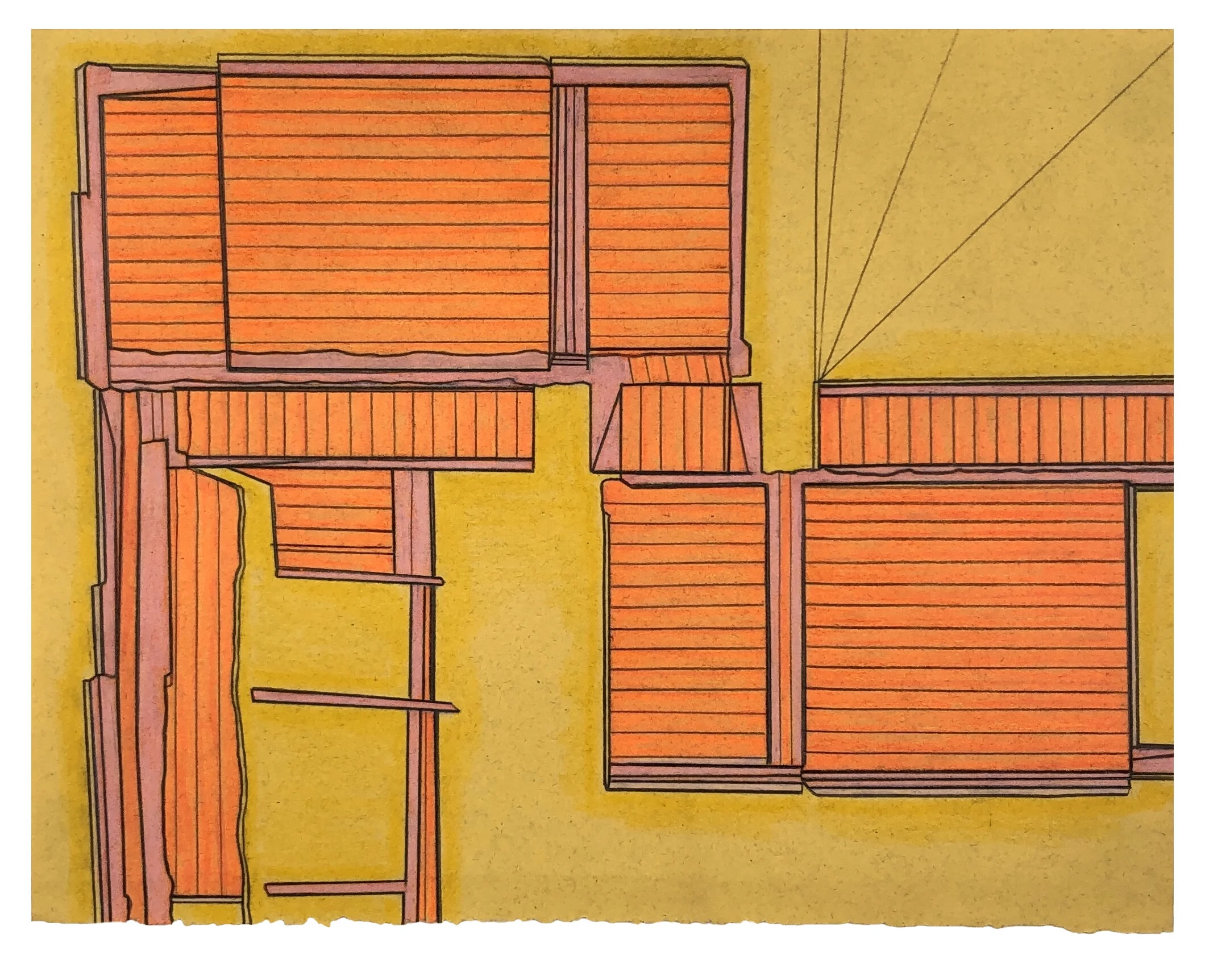   Landing 1 , 2020  Marker, colored pencil, graphite on torn book page  7.75 x 10 inches 