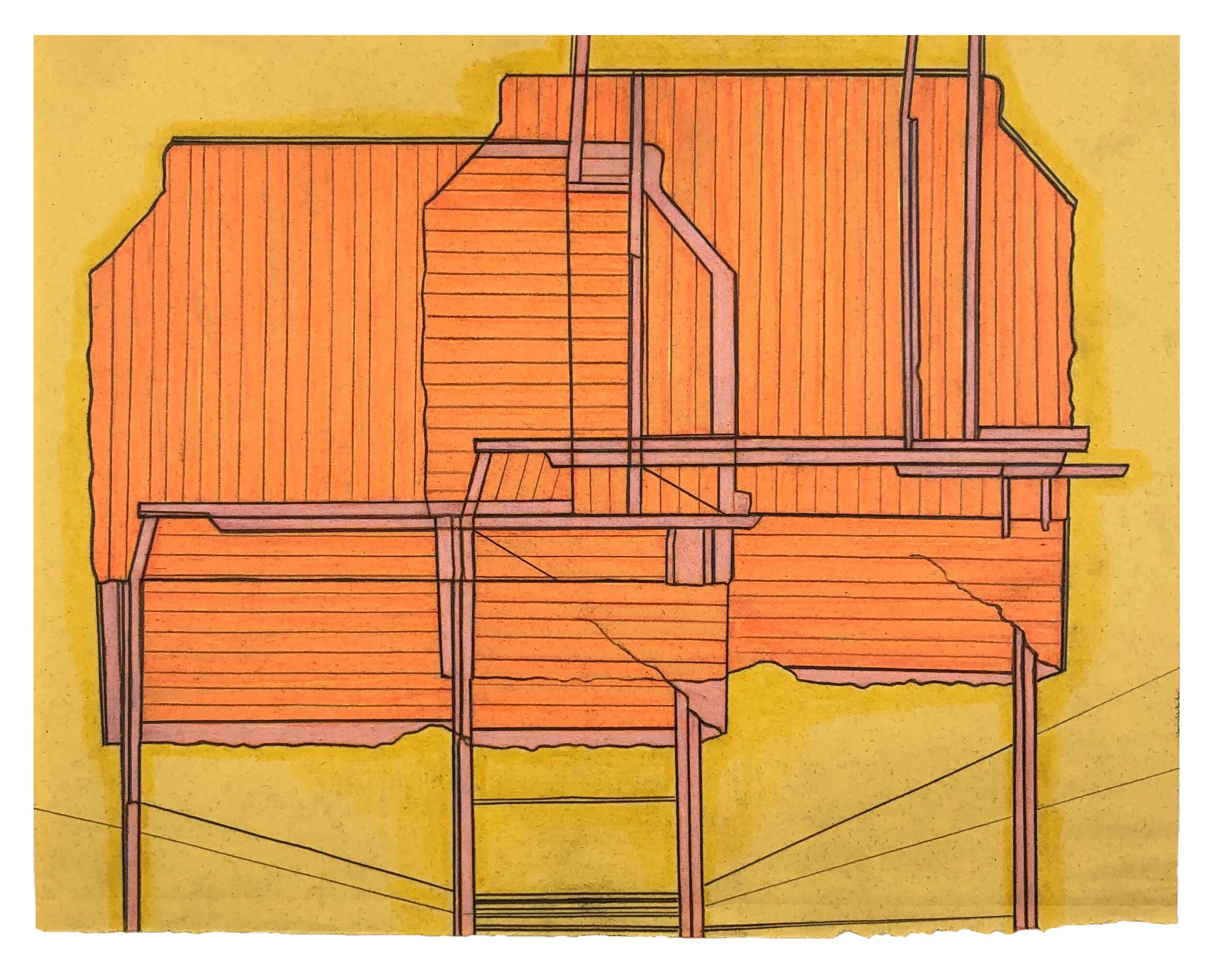   Landing 2 , 2020  Marker, colored pencil, graphite on torn book page  7.75 x 10 inches 