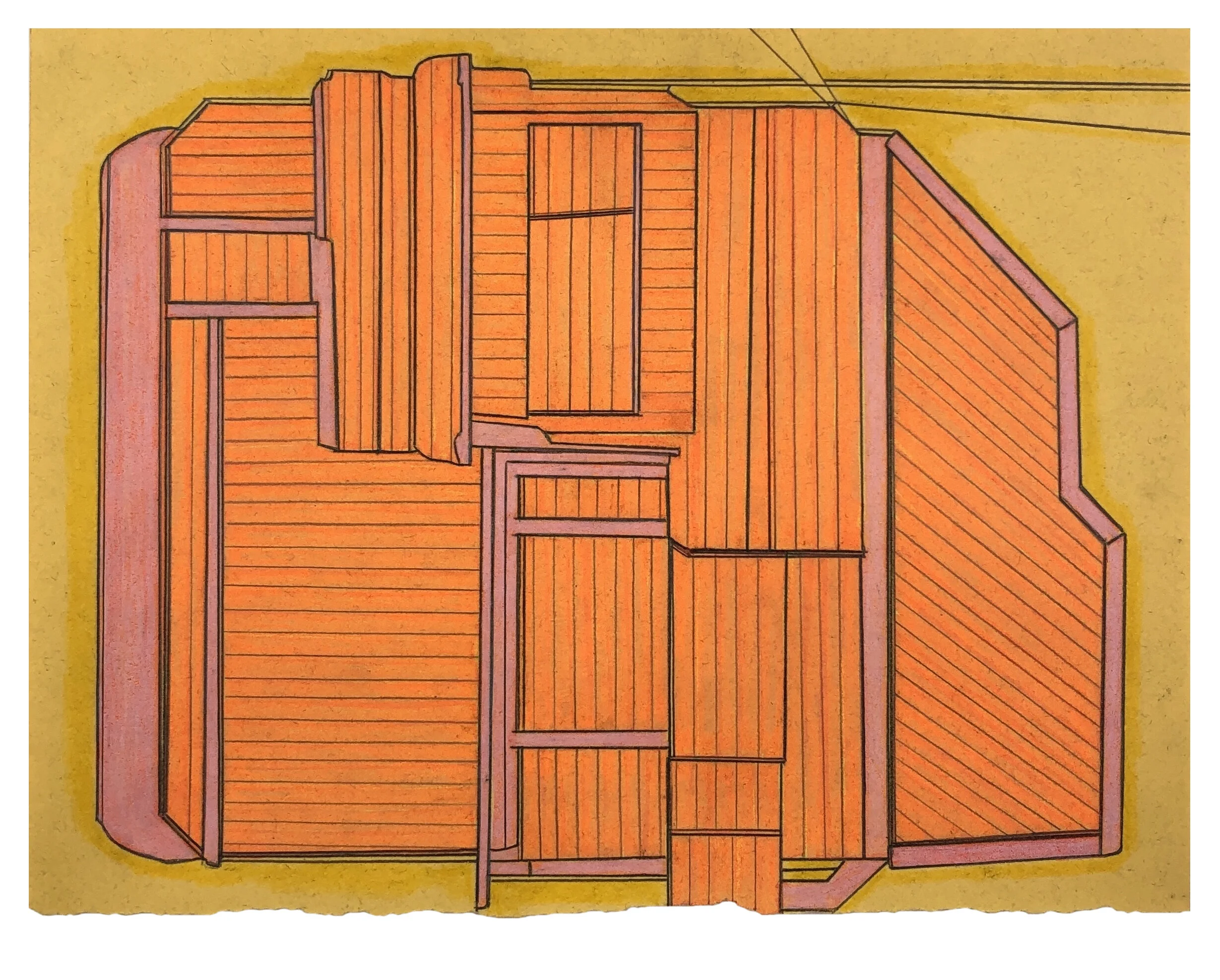   Landing 4 , 2020  Marker, colored pencil, graphite on torn book page  7.75 x 10 inches 