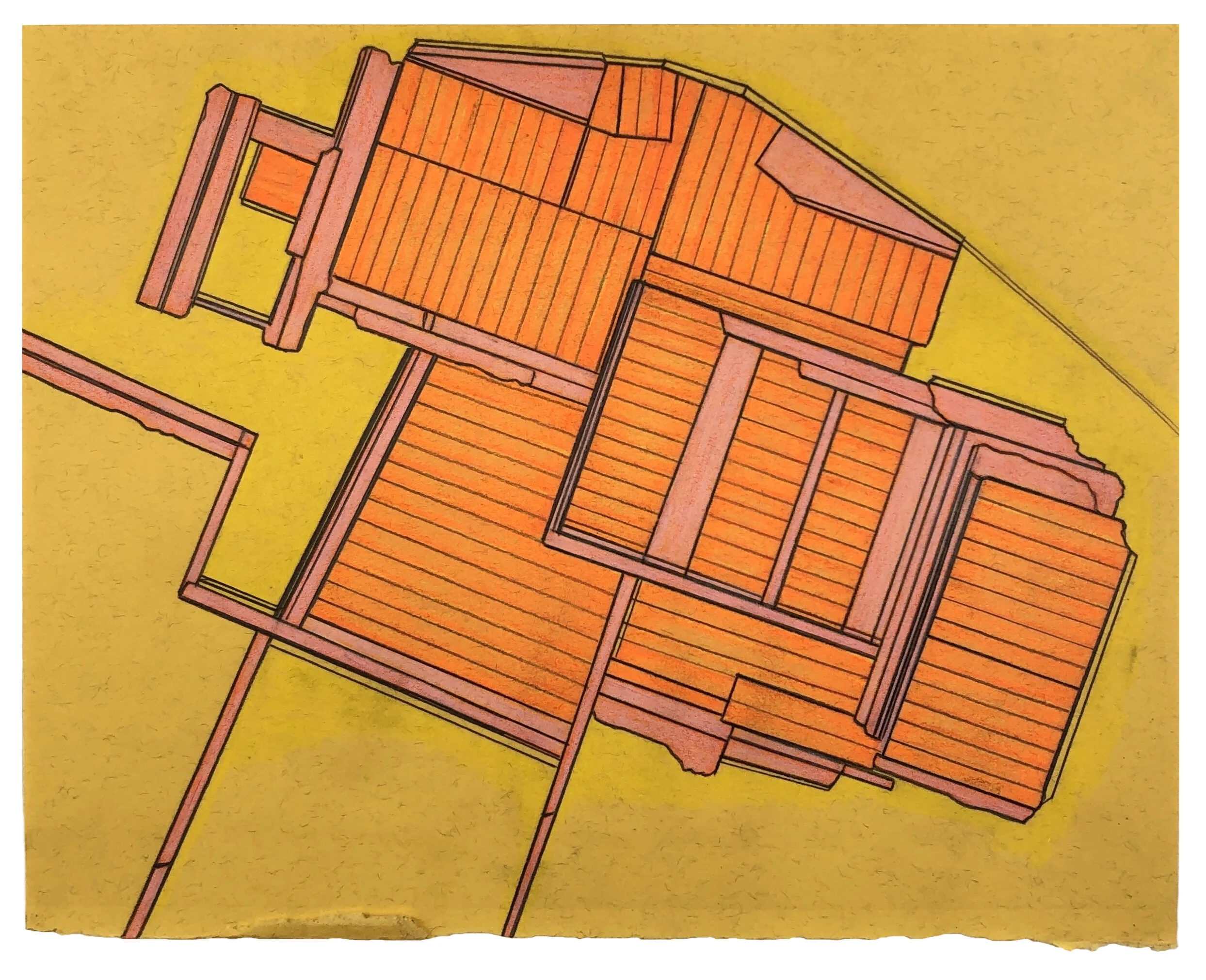   Landing 5 , 2020  Marker, colored pencil, graphite on torn book page  8 x 10 inches 