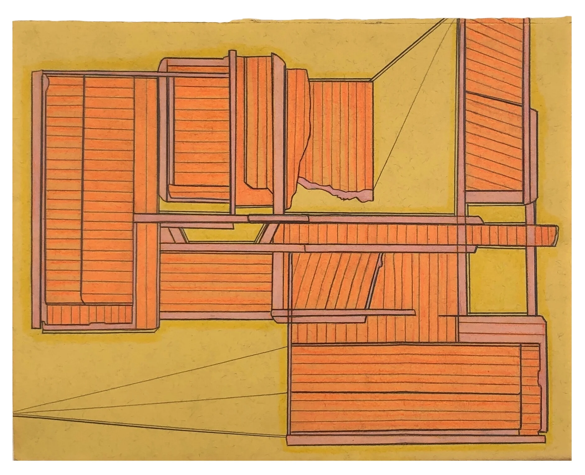   Landing 8 , 2020  Marker, colored pencil, graphite on torn book page  8 x 10 inches 
