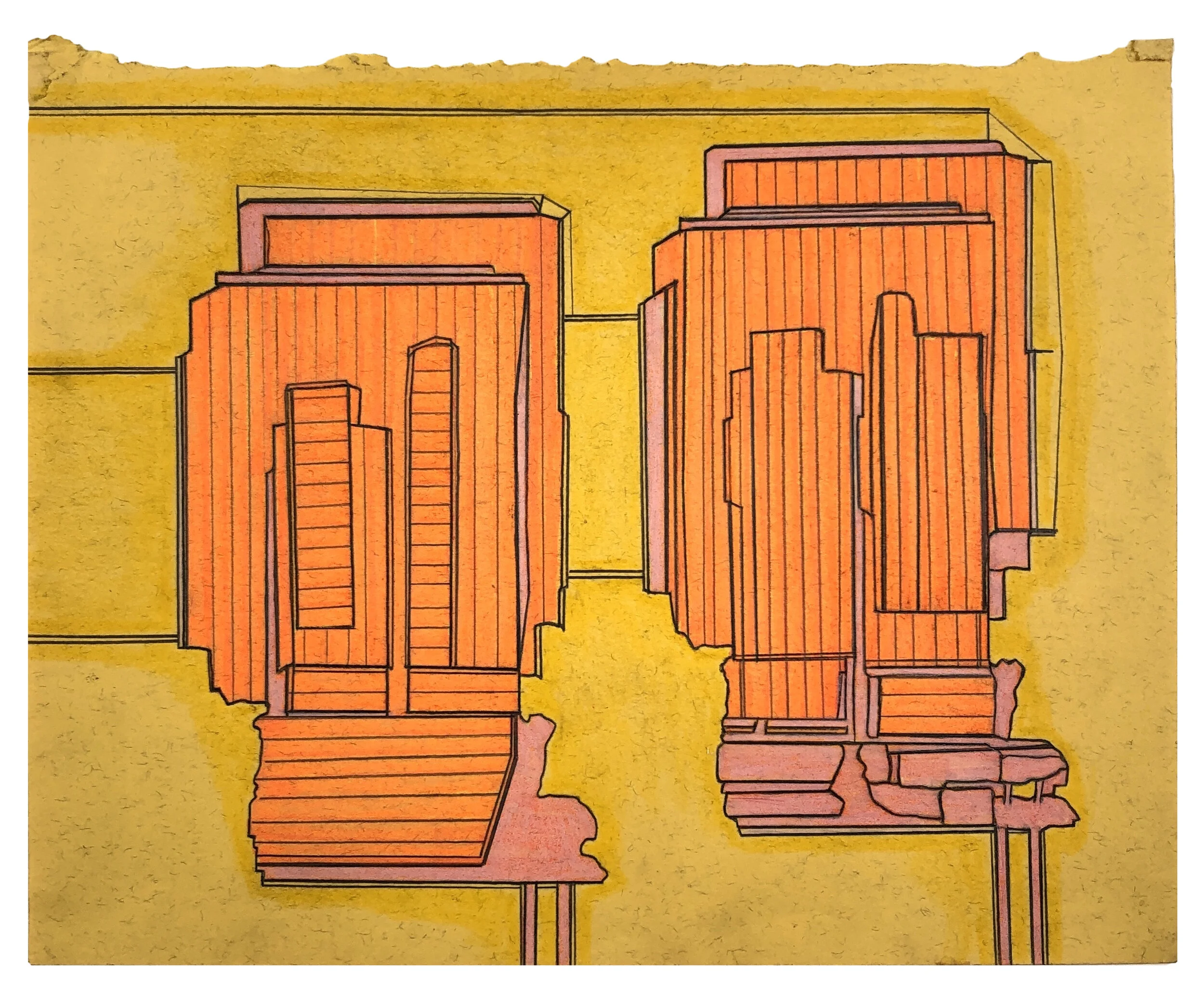   Landing 7 , 2020  Marker, colored pencil, graphite on torn book page  8 x 10 inches 