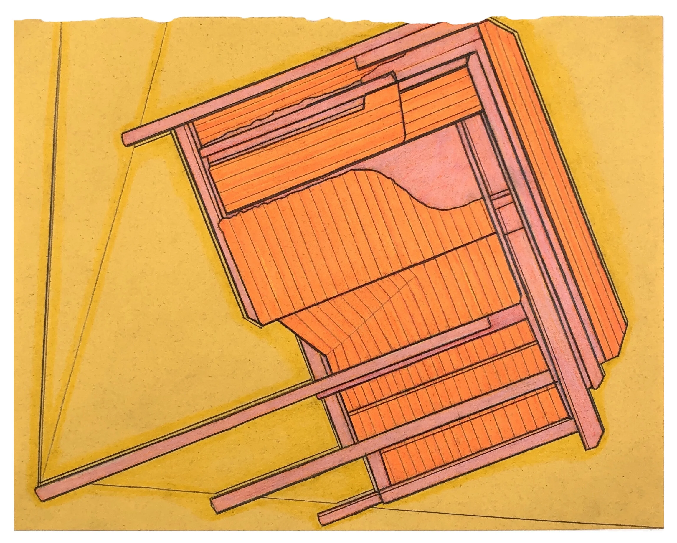   Landing 10 , 2020  Marker, colored pencil, graphite on torn book page  7.75 x 10 inches 