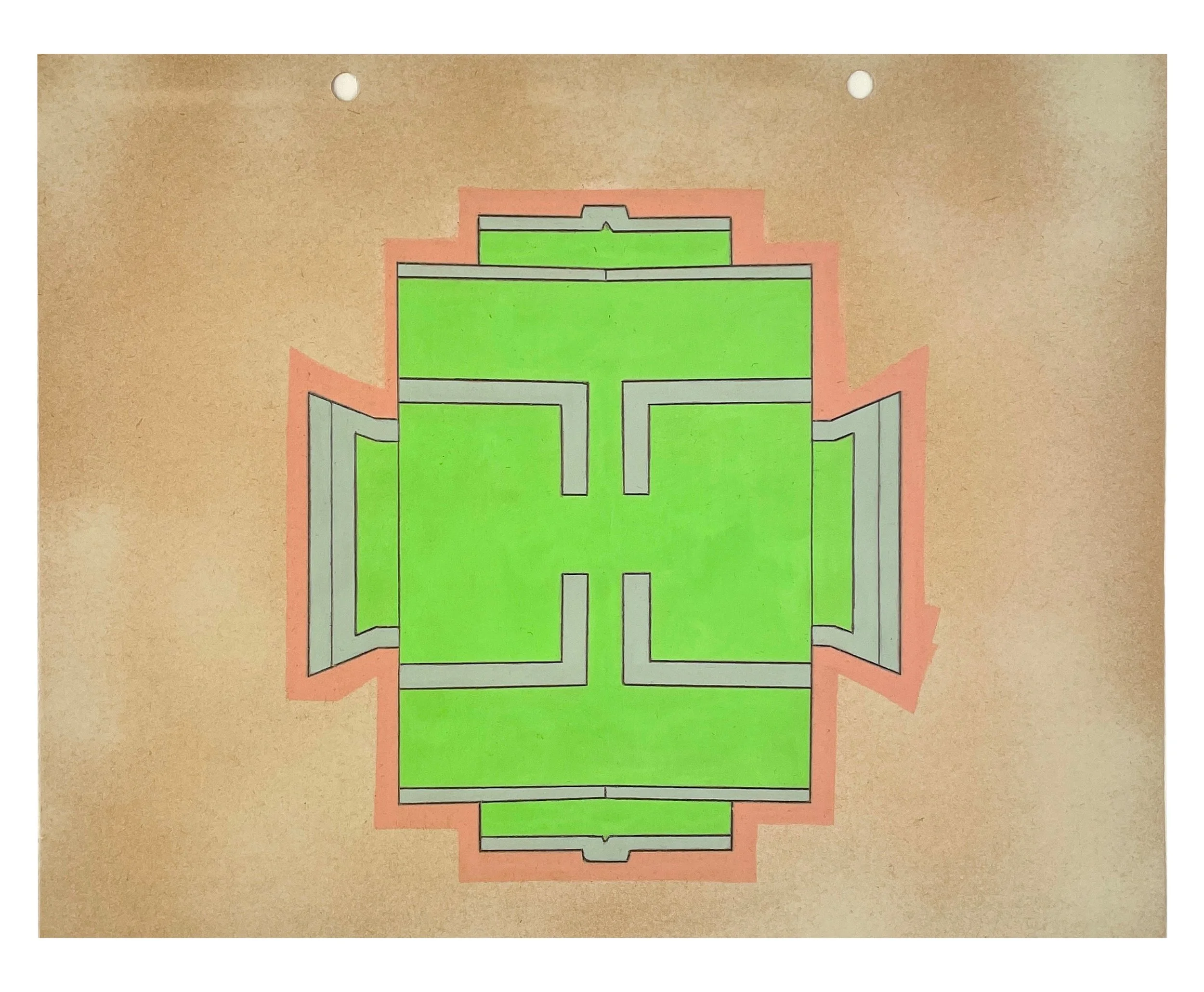    Verge 2  , 2026  Acrylic, graphite on spray-painted vintage scrapbook paper  9.75 × 12.25 