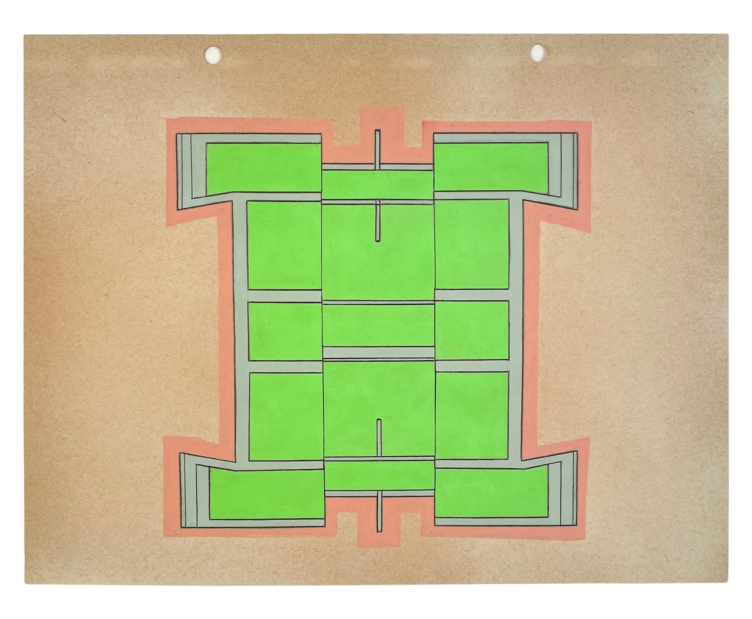    Verge 1  , 2026  Acrylic, graphite on spray-painted vintage scrapbook paper  9.75 × 12.25 