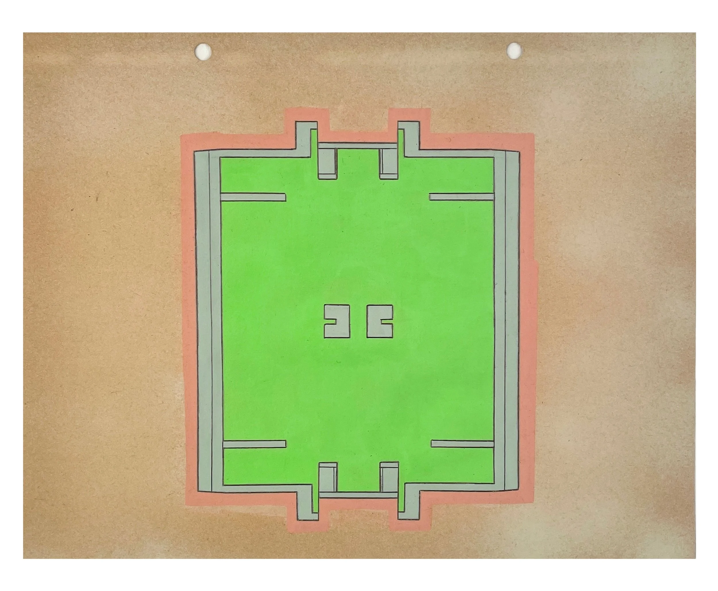    Verge 3,   2026  Acrylic, graphite on spray-painted vintage scrapbook paper  9.75 × 12.25 