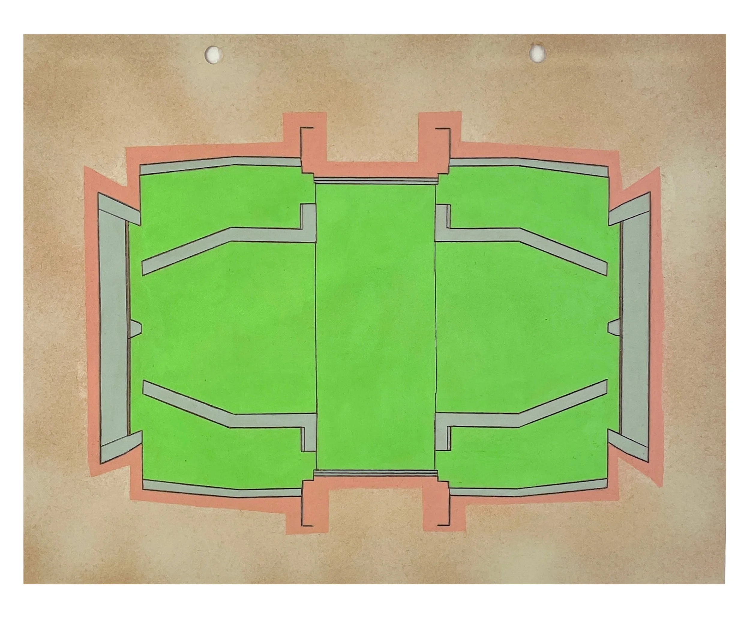    Verge 12  , 2026  Acrylic, graphite on spray-painted vintage scrapbook paper  9.75 × 12.25 