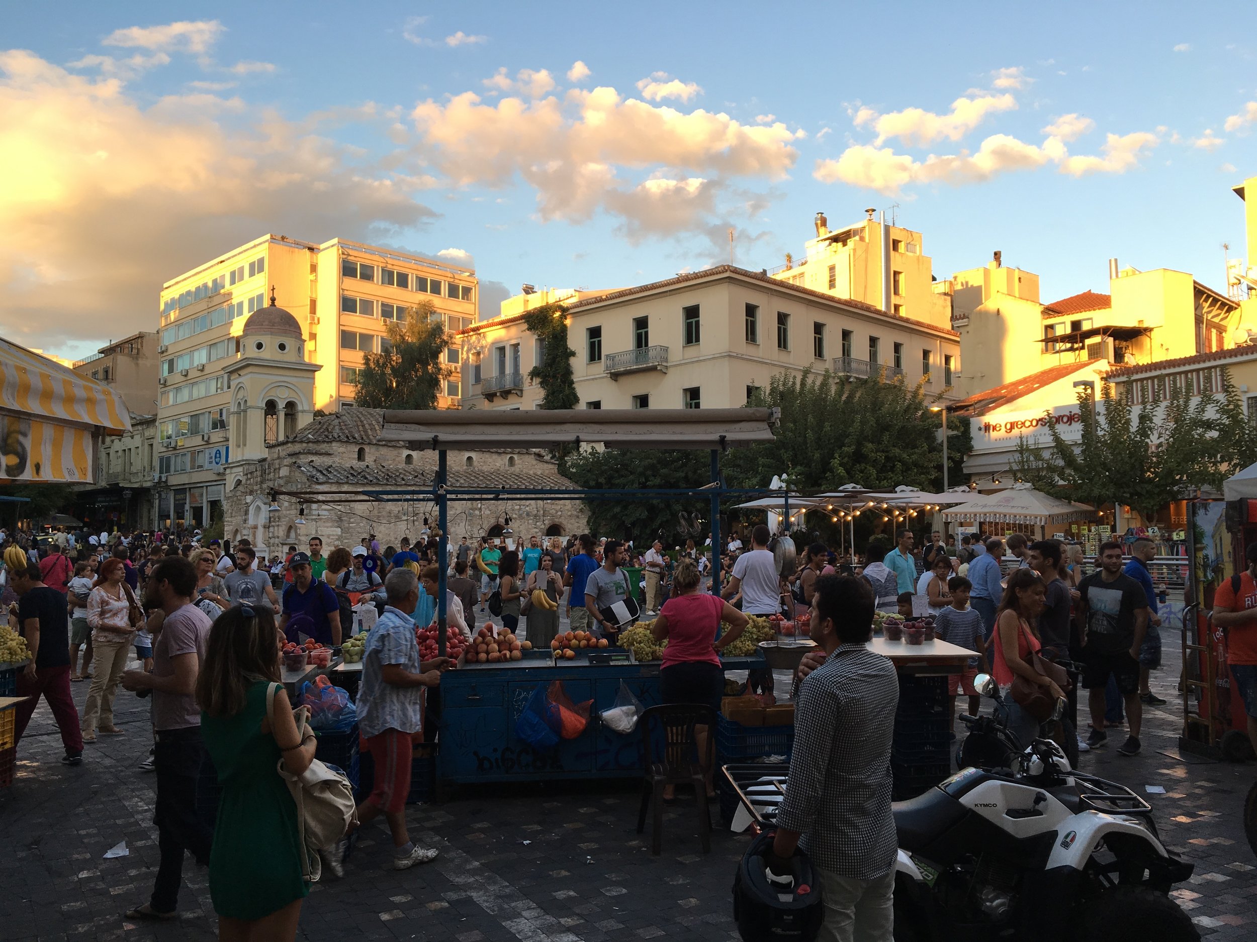 A scene from the old plateia (square) of Monastiraki in Athens. 