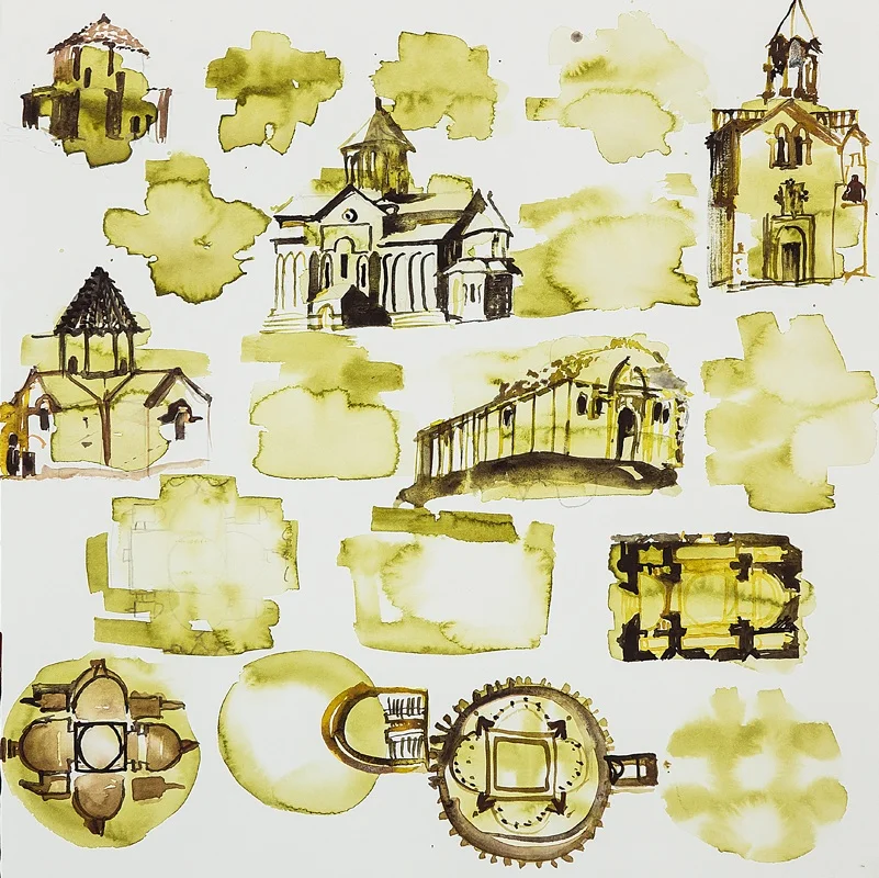   Church Set, 2014, watercolor on paper, 11.75 x 11.75 inches.    Photo: Bryan Lamb     