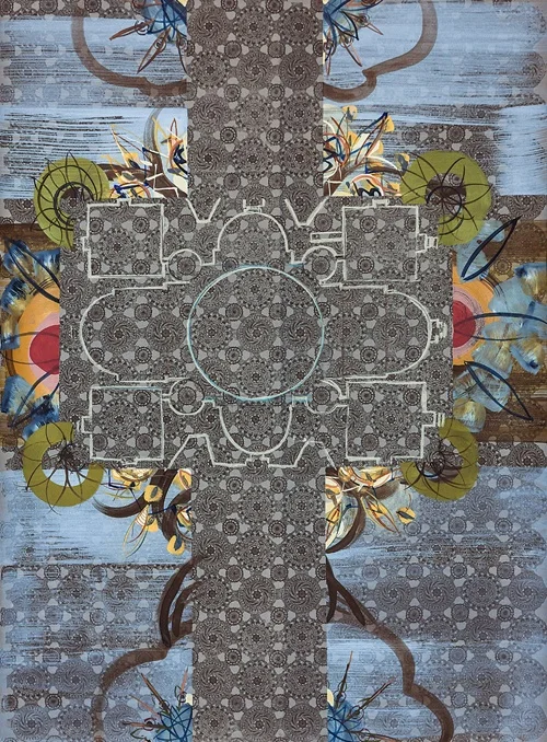   Cross Lace 1, 2014, acrylic and pastel on paper, 30 x 21.5&nbsp;inches.    Photo: Bryan Lamb  