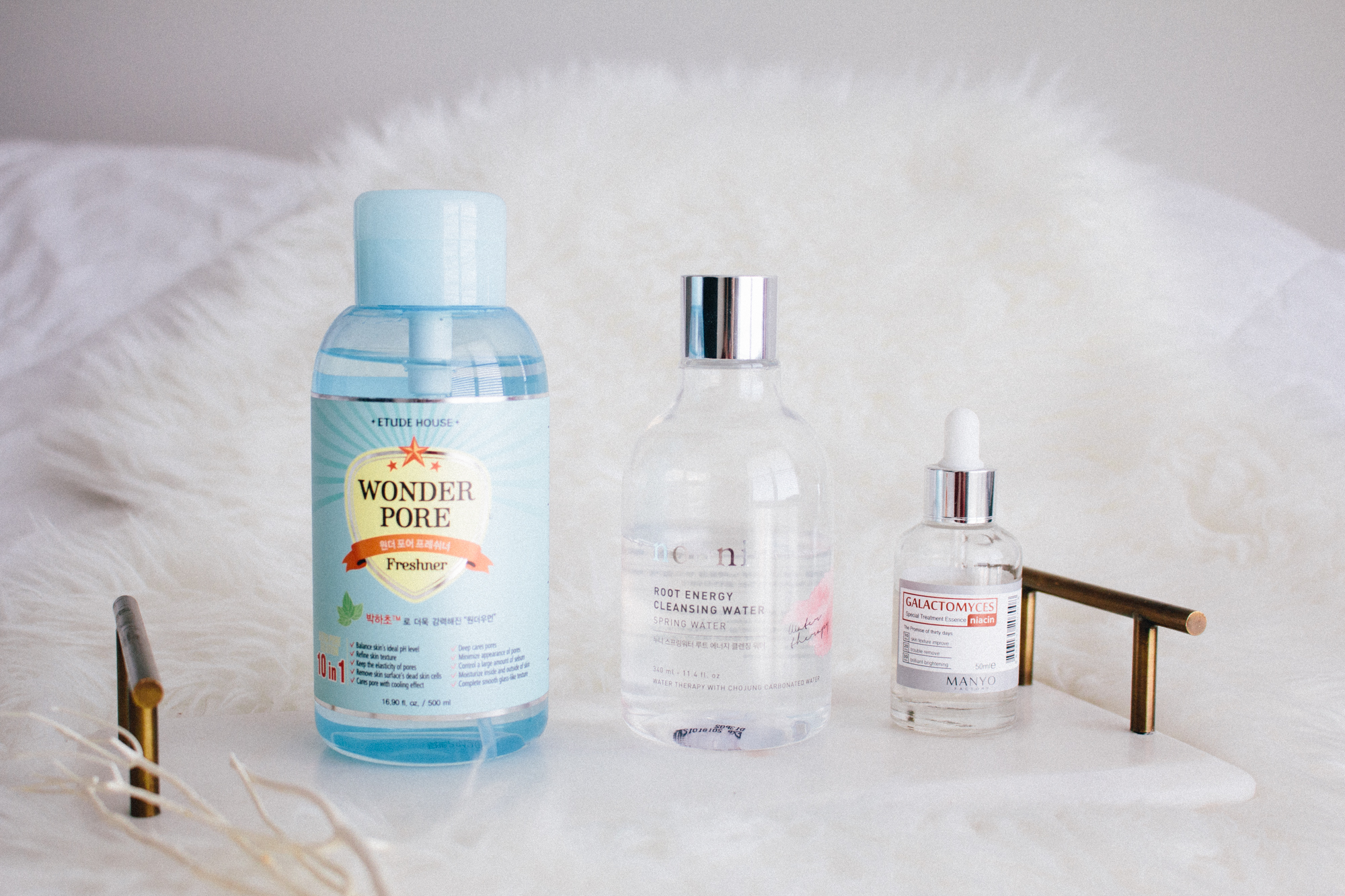 Etude House WONDER PORE FRESHNER • Nooni ROOT ENERGY CLEANSING WATER • Manyo Factory GALACTOMYCES TREATMENT ESSENCE
