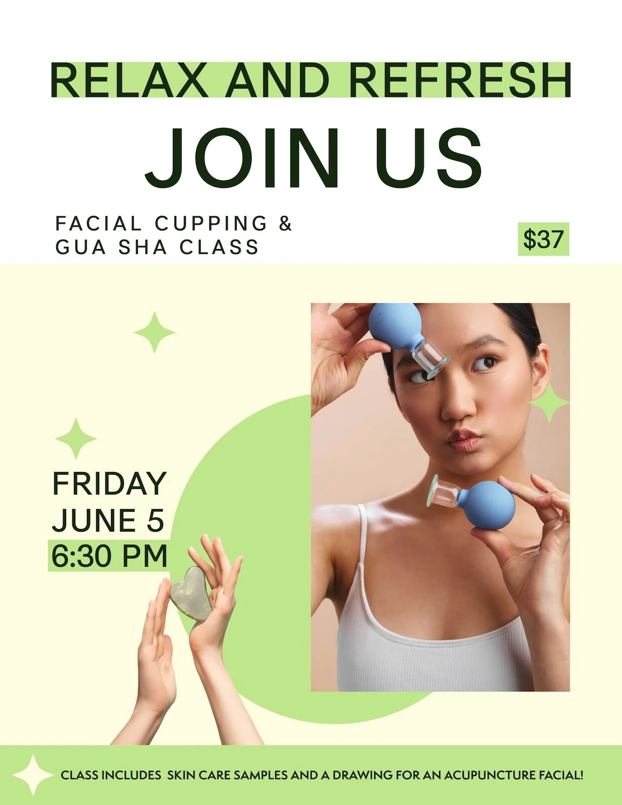 flyer for class at the clinic June 5, 2026, for facial cupping and gua sha.  pre-registration required