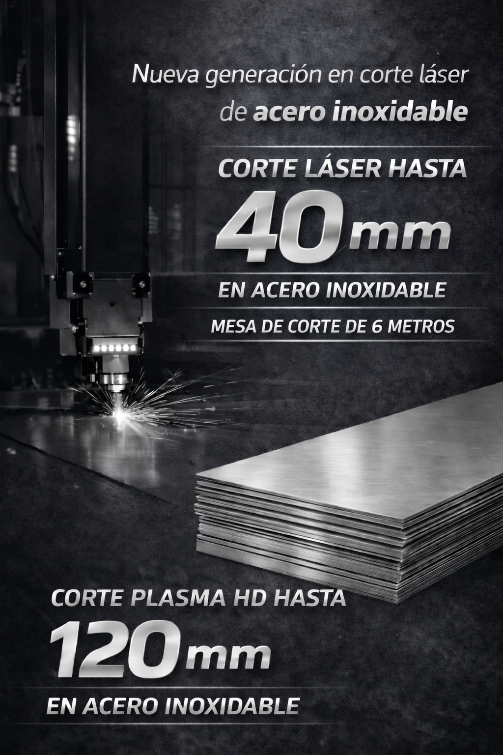 An advertencia en español sobre tecnología de corte láser en acero inoxidable, mostrando una máquina de corte con chispas, un montón de placas de acero y destacando capacidades de corte de hasta 40 mm con láser y 120 mm con plasma HD en acero inoxidable.