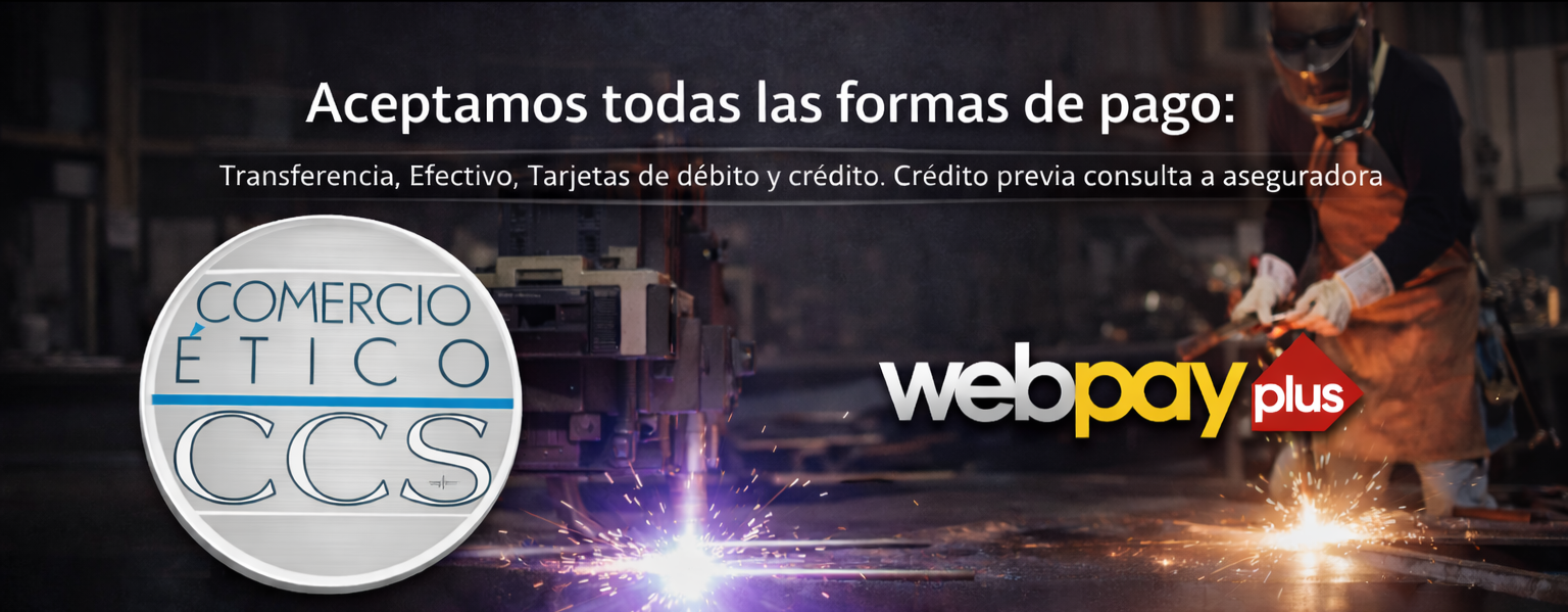 Un trabajador soldando en un taller con logotipos y texto de servicios de pago y comercio ético.