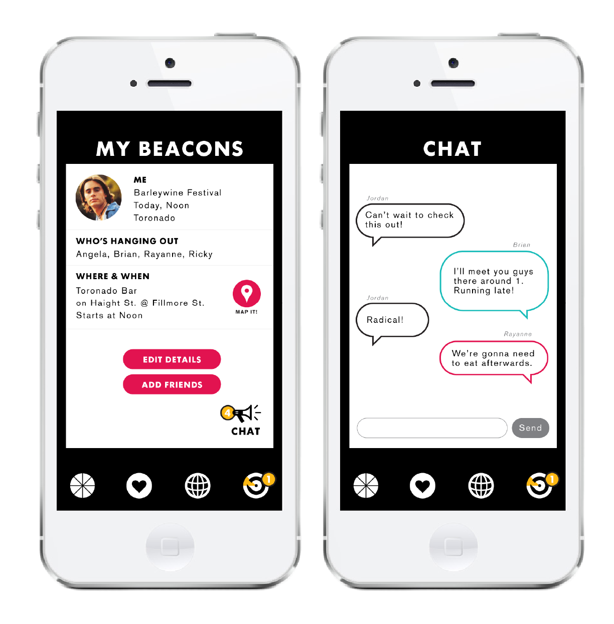 Directly influenced by our insights on Mood, we designed Beacon's UI to begin with the user's mood as a starting point. Beacon frames a new context around behaviors that already exist. It's a digital tool for your most intimate circle of friends.