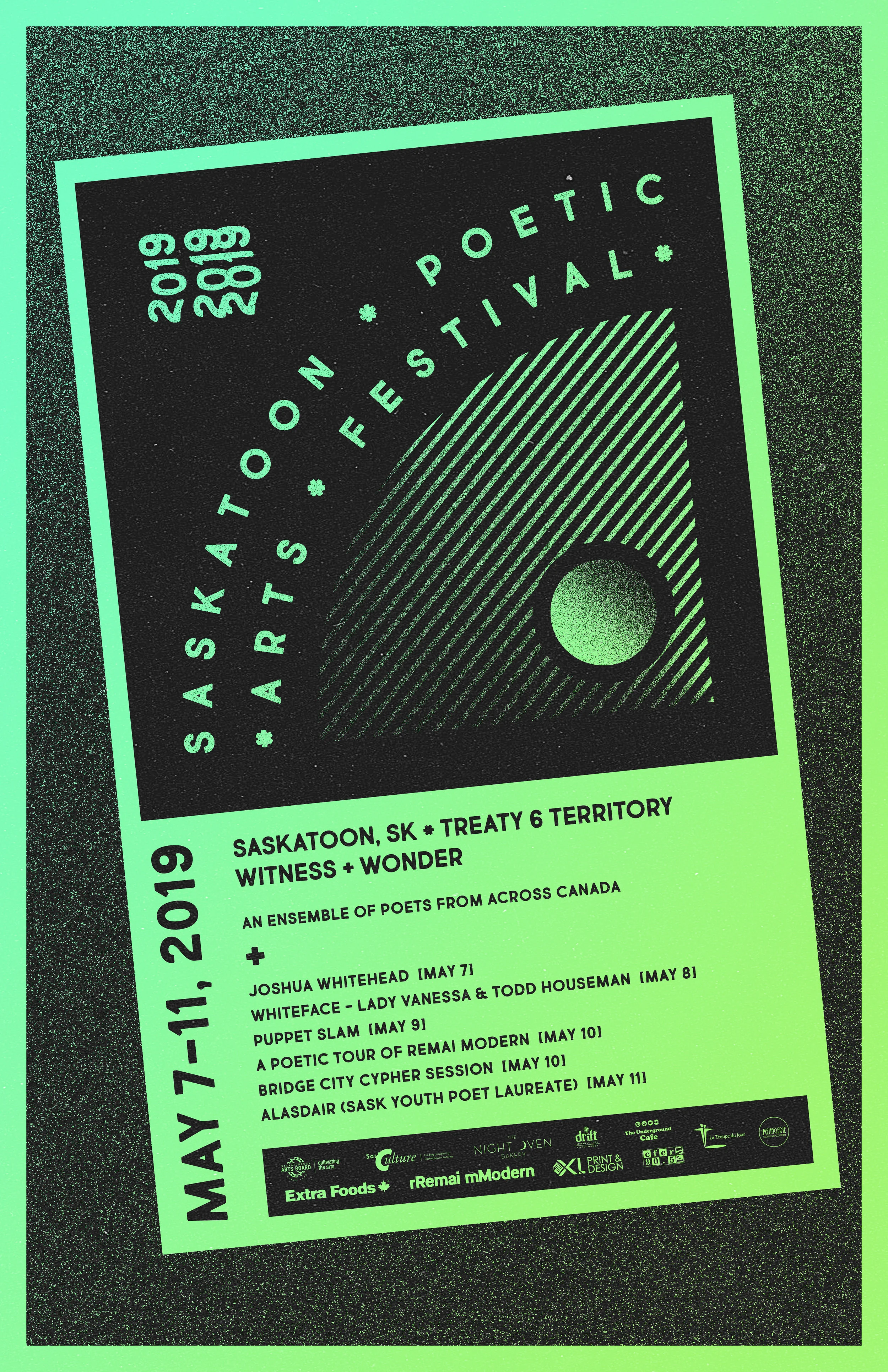 Promotional material for the Saskatoon Poetic Arts Festival 2019.