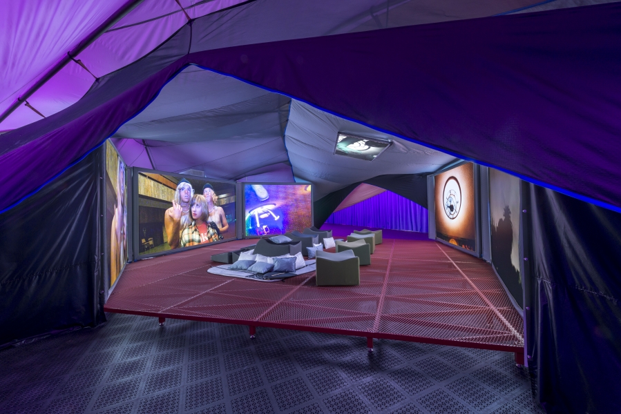 Ledge by Lizzie Fitch and Ryan Trecartin Regan Projects, Nov. 2014 Sewn gamer chairs and pillows Nylon canvas, rip-stop, and foam-backed mesh Image courtesy of Regan Projects