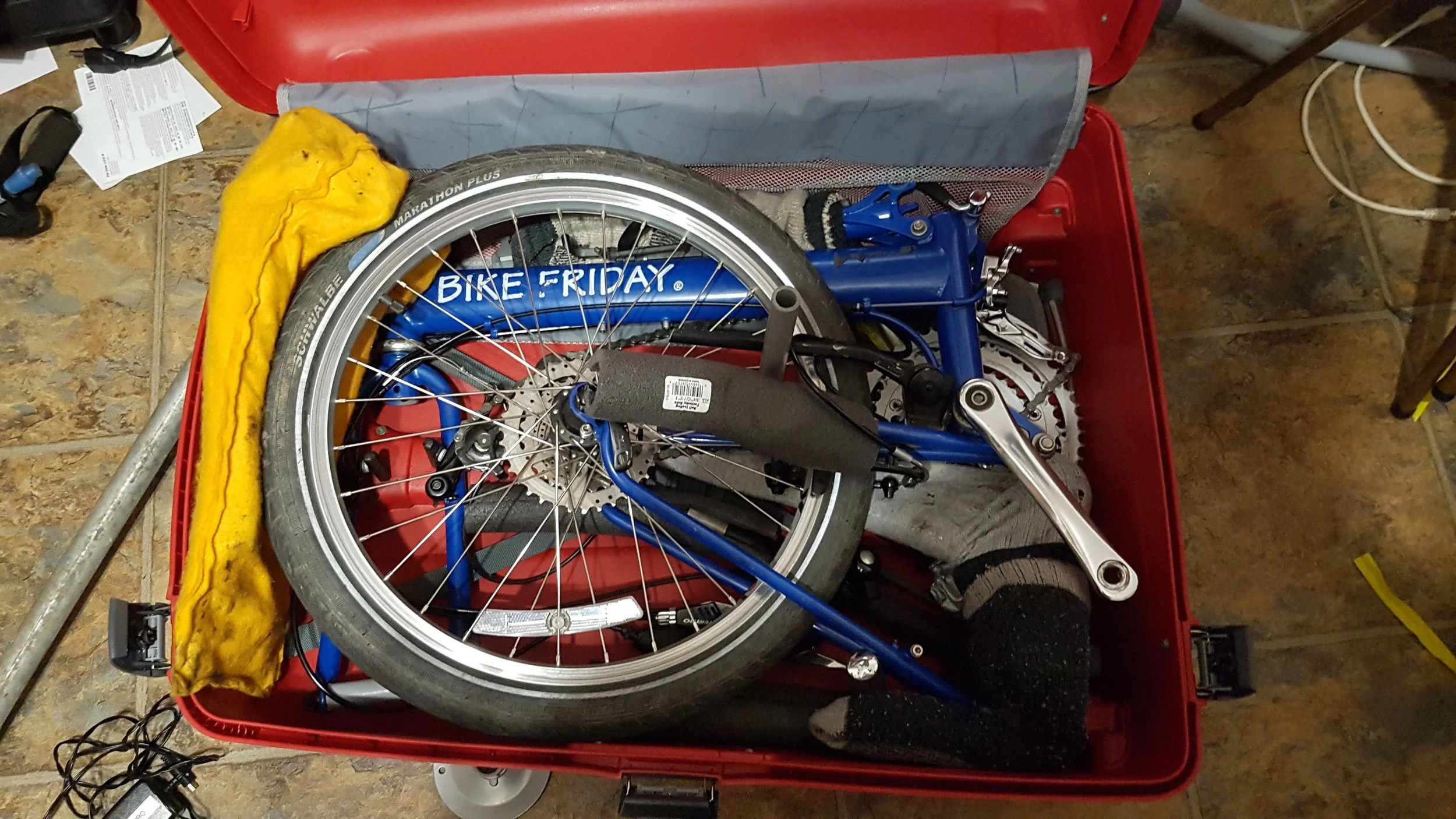 It's important every piece fits exactly with our Bike Friday folders. Care must be taken that nothing gets bent. Weight is important as well, the bikes and case and extras have to be less than 50 lbs.