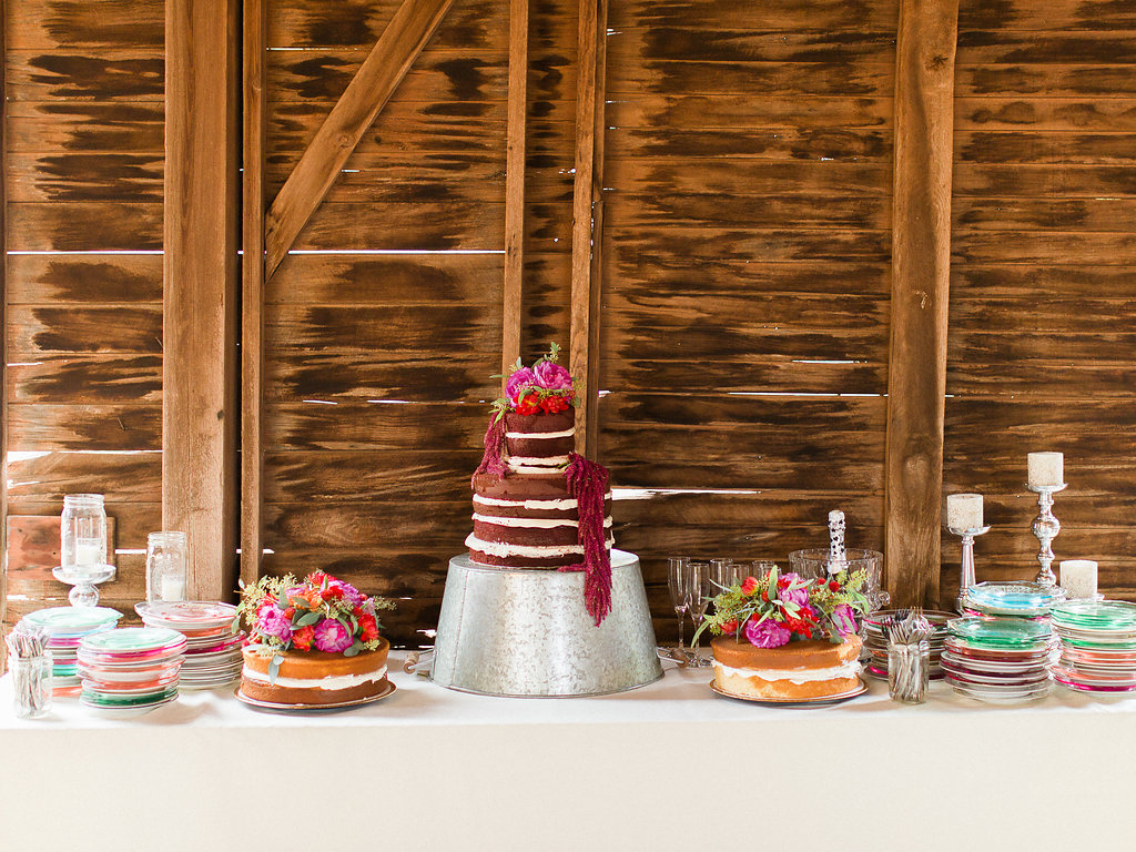 Homemade cakes topped with coordinated flowers 