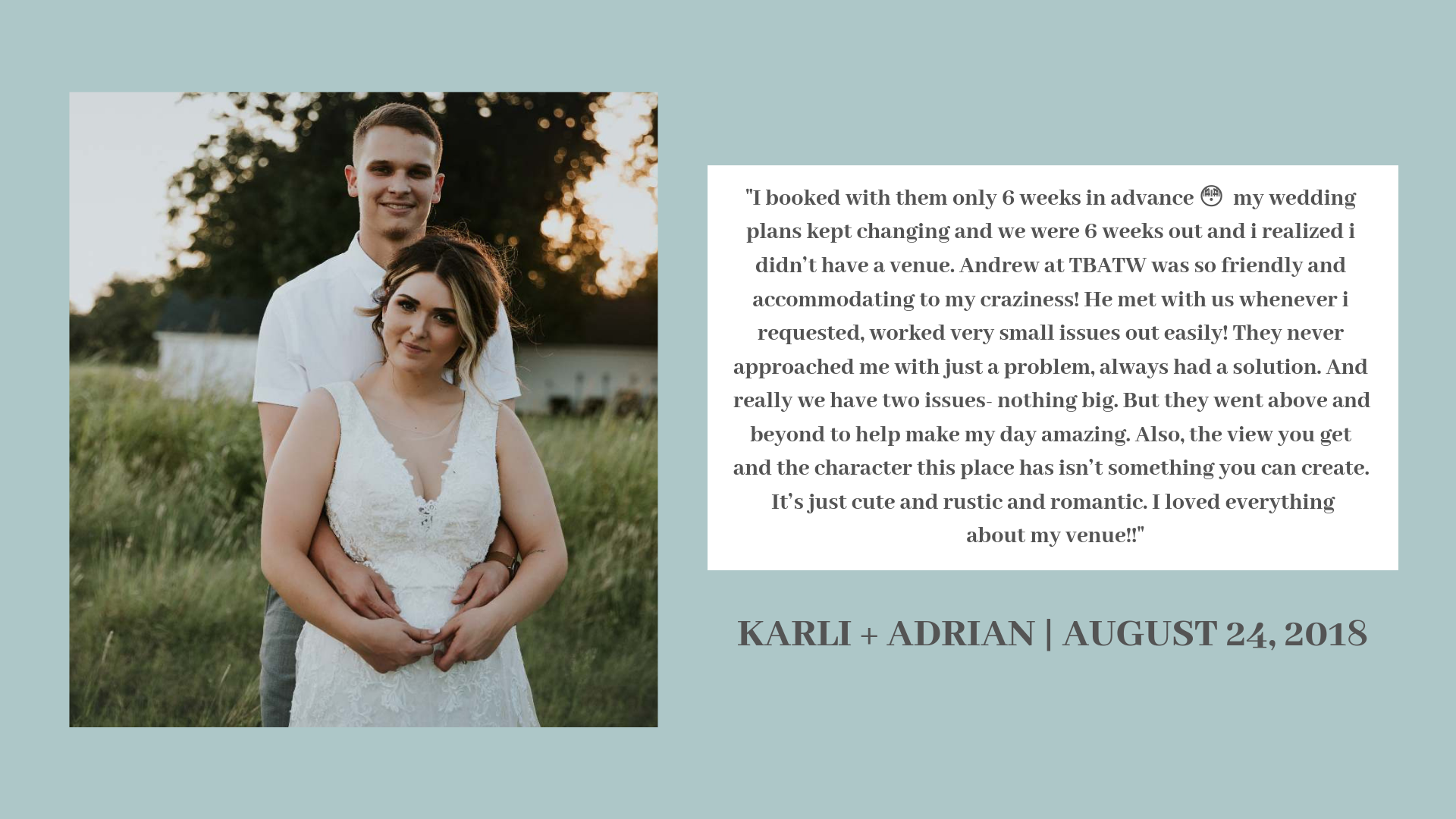 If you're looking for a venue with plenty of charm, space and a great staff-- You've found your place! The first thing that caught our attention was that the barn isn't so commercial, which we loved! Andrew and his s (7).png