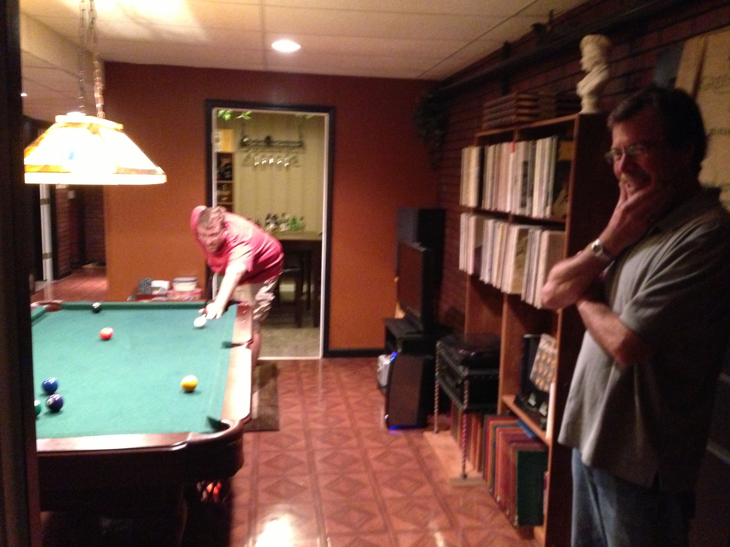Peter and Brad enjoying a pool game at my house during their visit to Cookeville