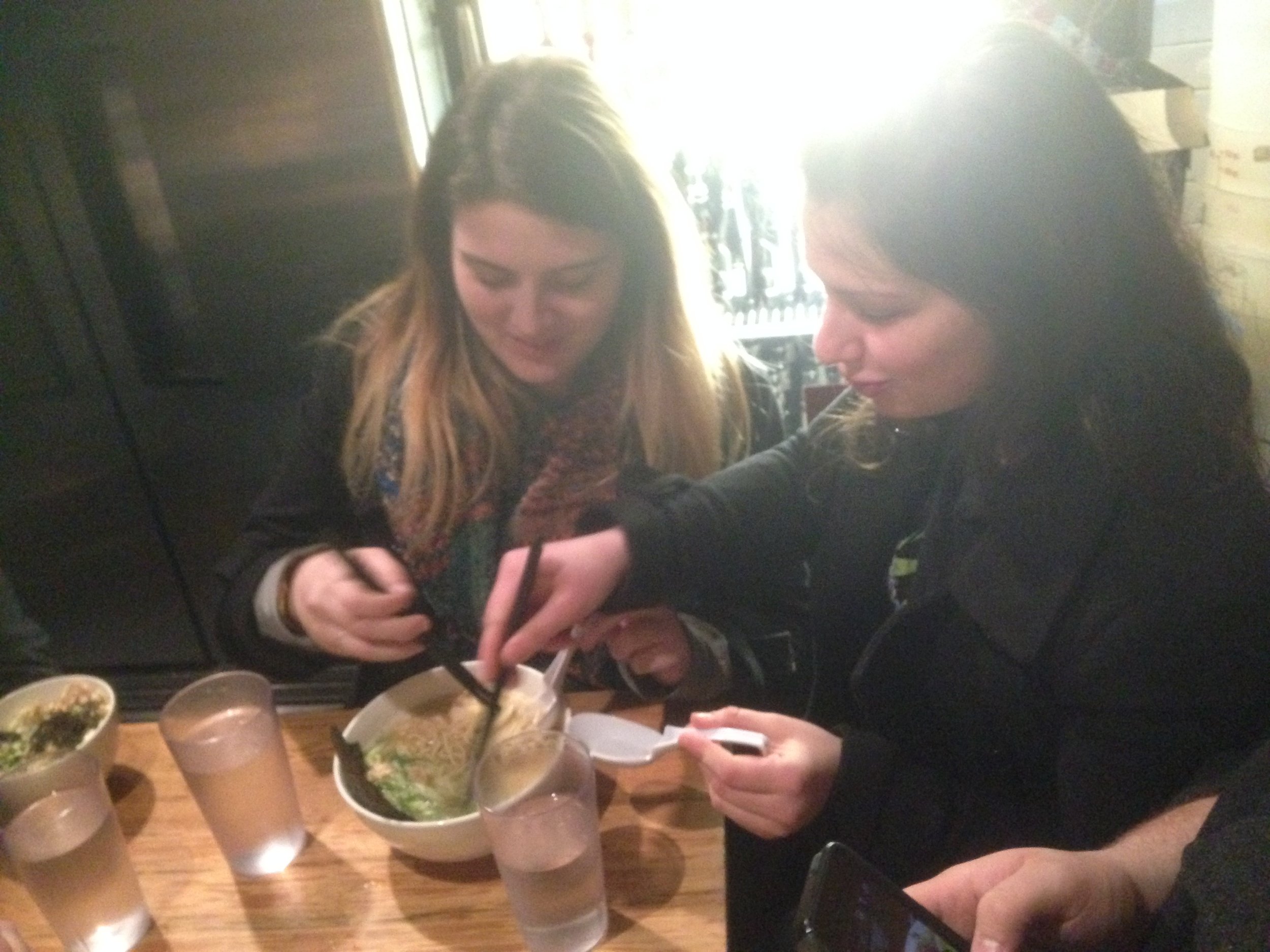 Some struggle in using chopsticks at Totto Ramen where they don't have forks, etc.