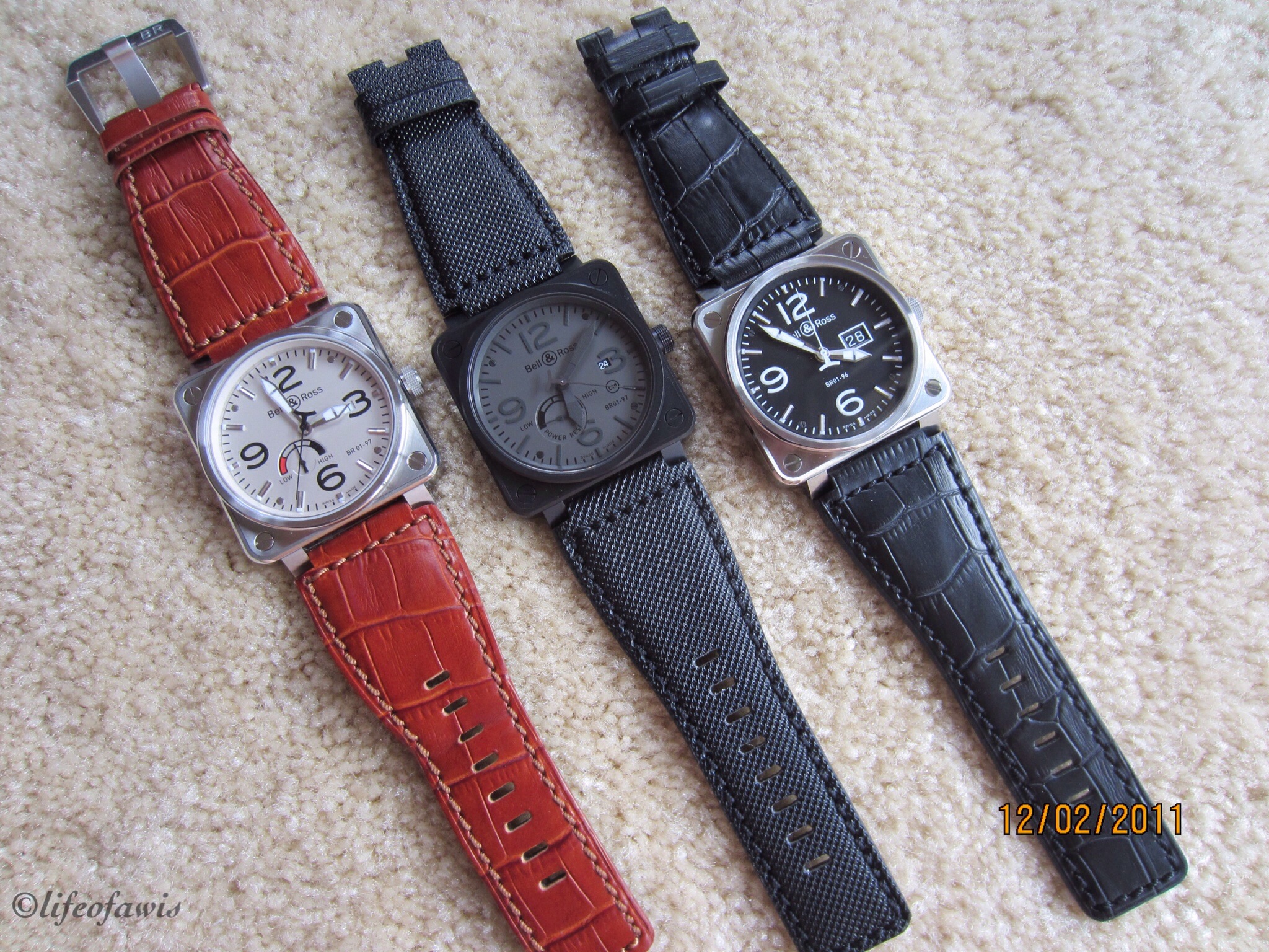 BR 01s on embossed honey gator, ballistic waterproof, and embossed gray gator.