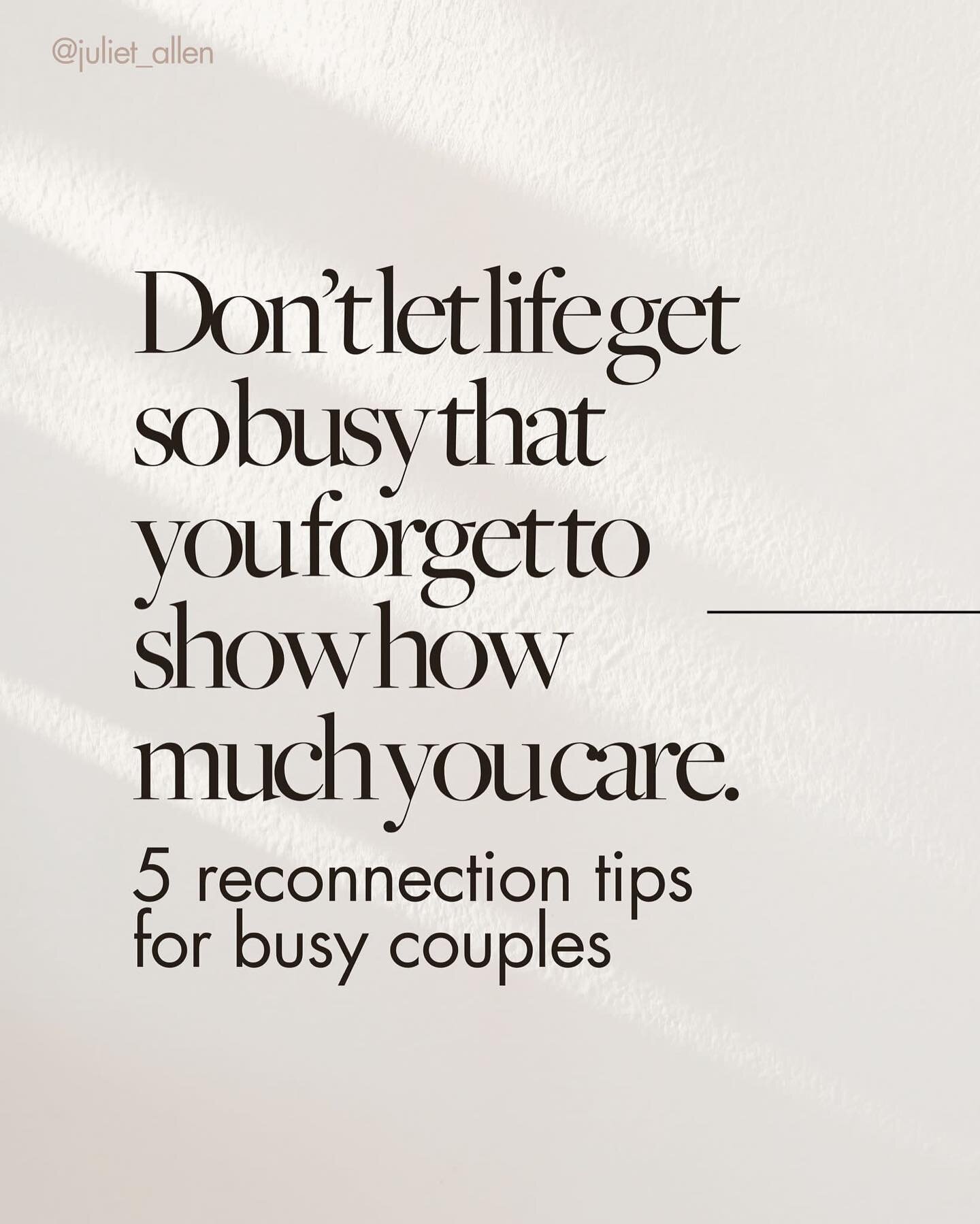 5 CONNECTION TIPS FOR BUSY COUPLES

Reality check: it&rsquo;s 2024 and most people&rsquo;s lives are getting busier &amp; busier. The majority of the population are NON STOP. The consequence of the busy culture is less connection and intimacy for cou