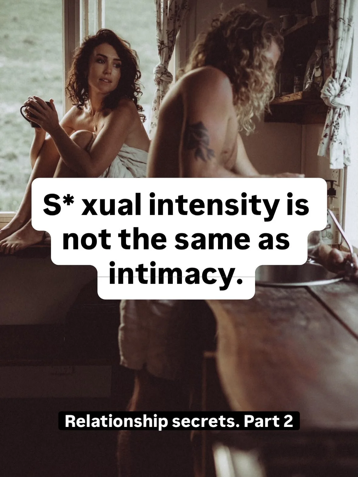 RELATIONSHIP SECRETS. PART 2 ⬇️ 

S* xual intensity can feel intoxicating and fun and exciting! The initial spark of desire. The tension. The obsession. The high highs.

But intensity alone cannot sustain intimacy. 🙅🏻&zwj;♀️

Long-term connection r
