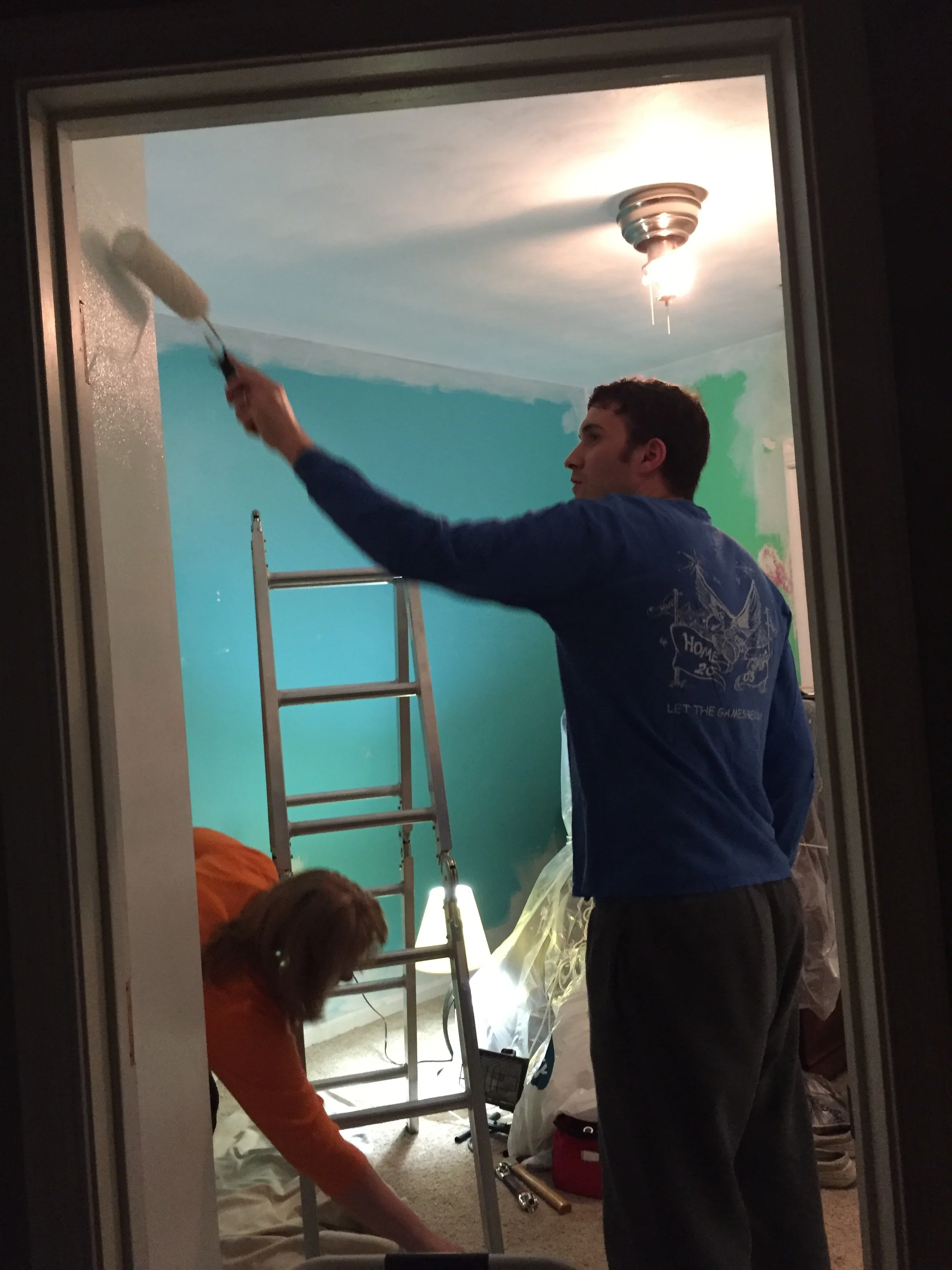Painting in progress. Goodbye, electric blue!