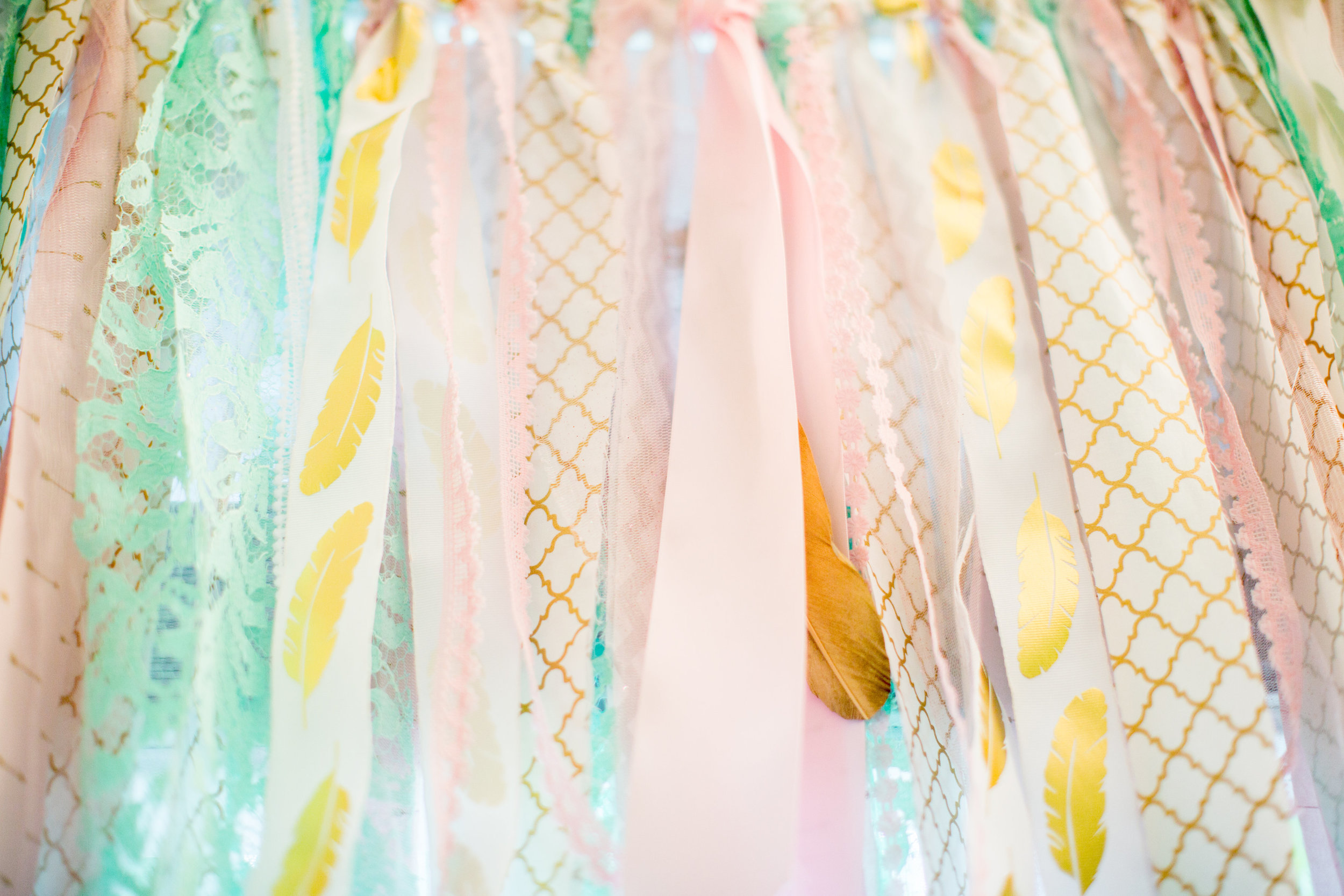 I made this ribbon valance because long curtains don't work well with cats, especially my cats. This is one of my favorite elements because I got to make it myself.