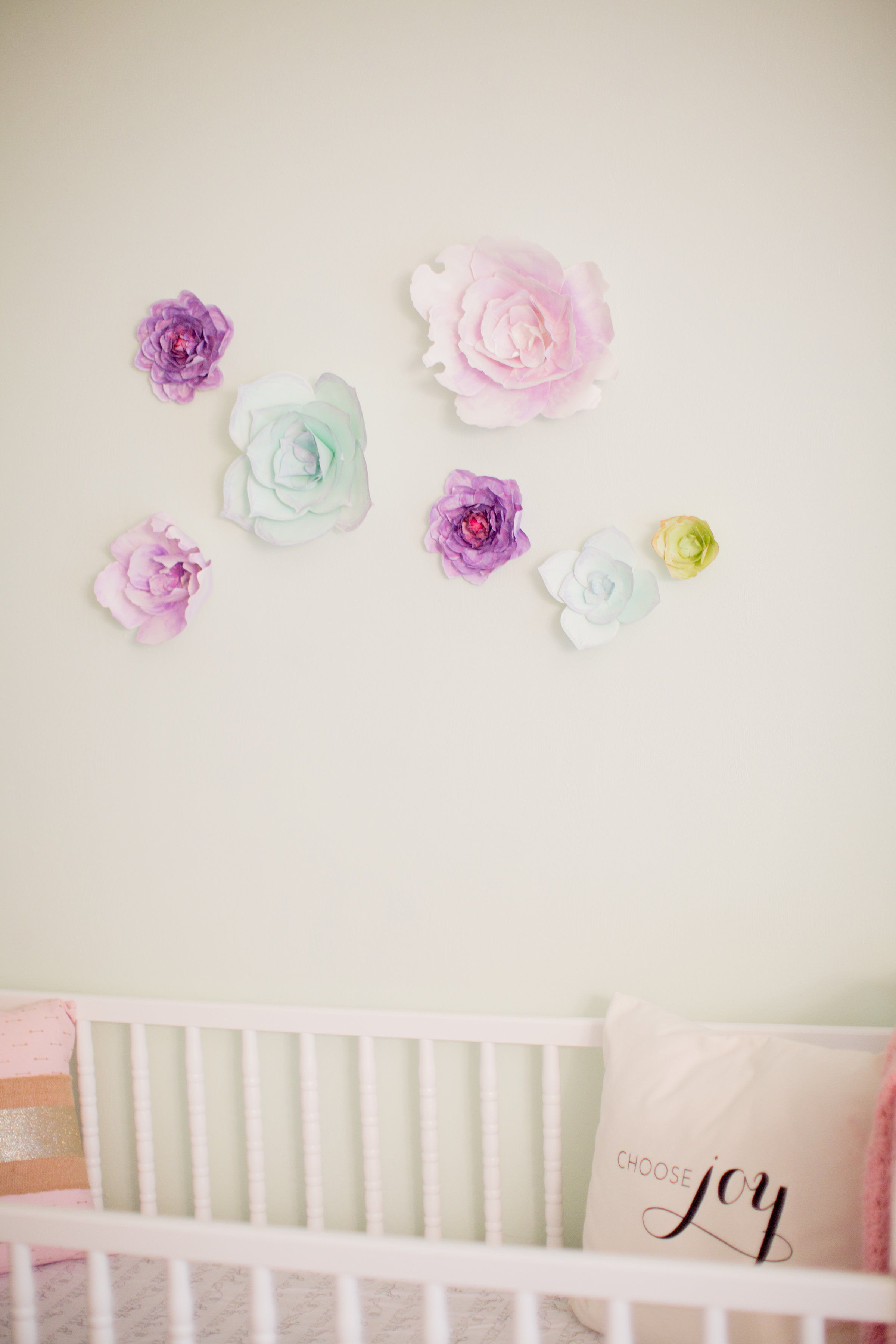 The paper flowers are from Sweet Pear Paper . My friend, Camberly, made each flower by hand, watercolor painting and all. The Choose Joy pillow was a gift from my friend Sarah.