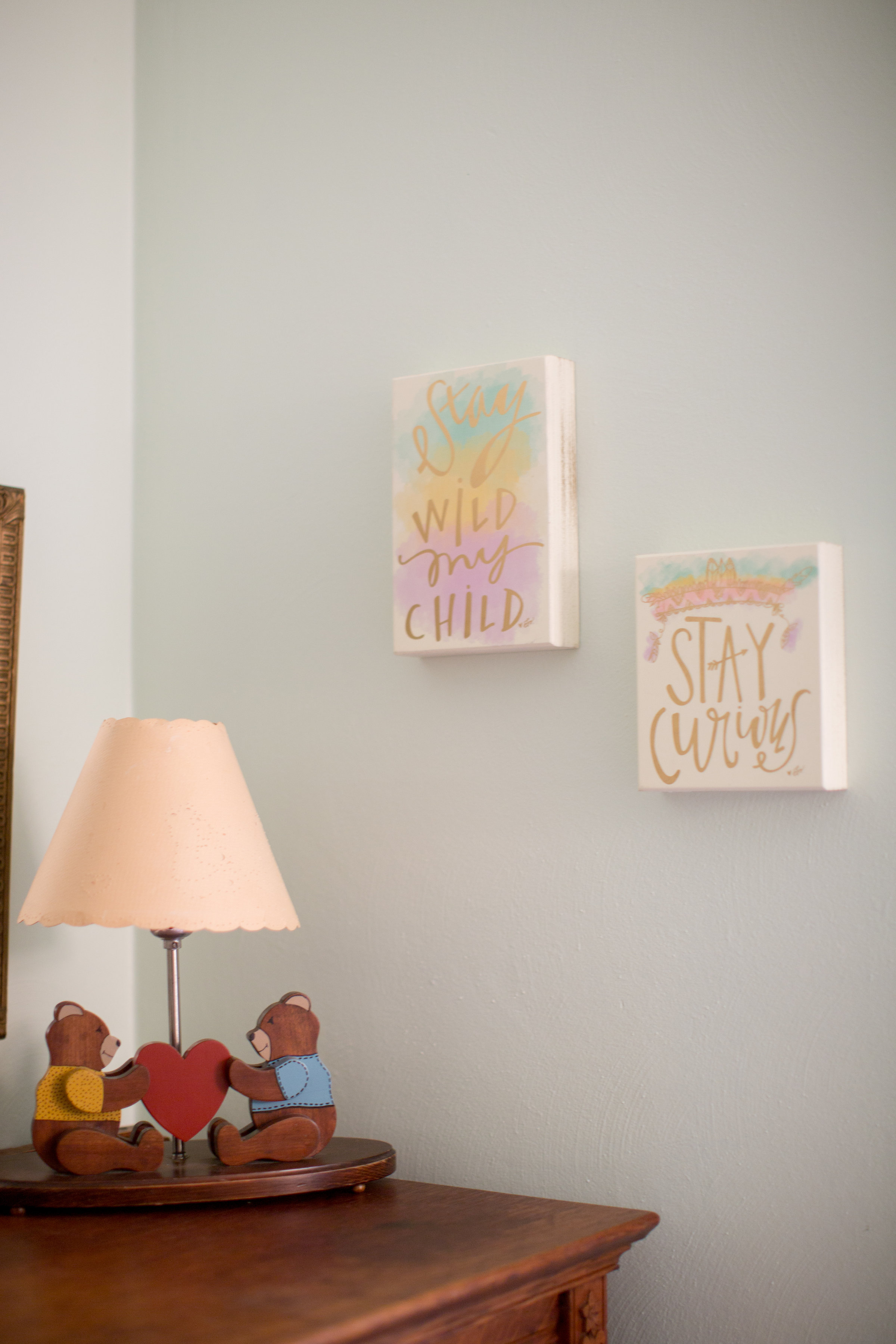 These cute little signs were from TJ Maxx. I have no clue what brand they are, but had to have them when I found them in the store. My momma insisted on getting them for us. The precious little bear lamp was made by Cal's grandpa. It was in his nursery when he was little. Since we got married, I promised him we'd always hang onto it.