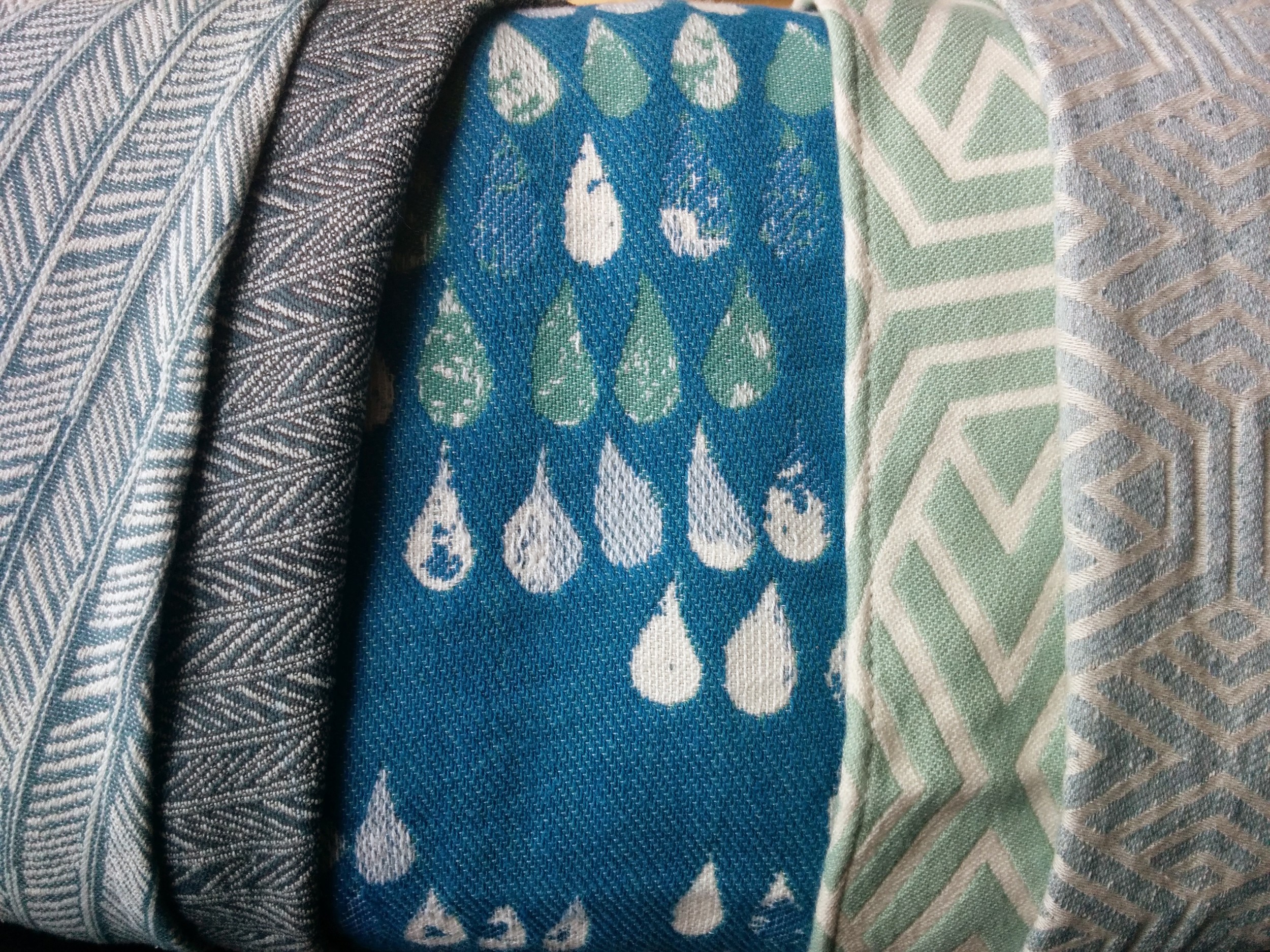 Left to Right: Light Feathers, Dark Feathers, Droplets, Mint Geo, Study of Sky Geo