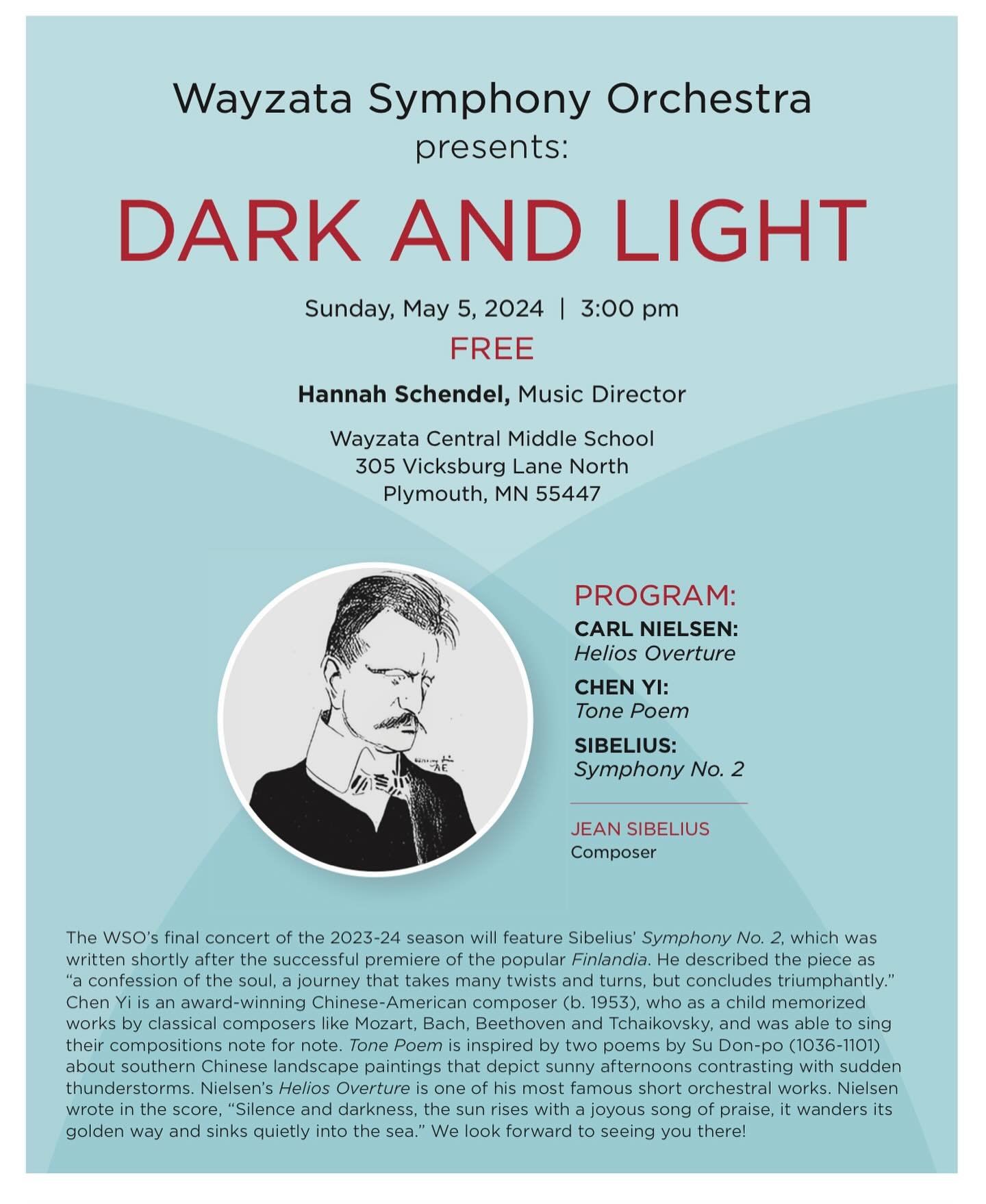 Dark/light, night/day, storm/sun, loud/soft, radiant/bleak, cold/ warm, old/new&hellip;this concert has all the contrasts! Looking forward to it! 

Nielsen: Helios Overture
Chen Yi: Tone Poem
Sibelius: Symphony No. 2

#nielsen #chenyi #sibelius 
@way