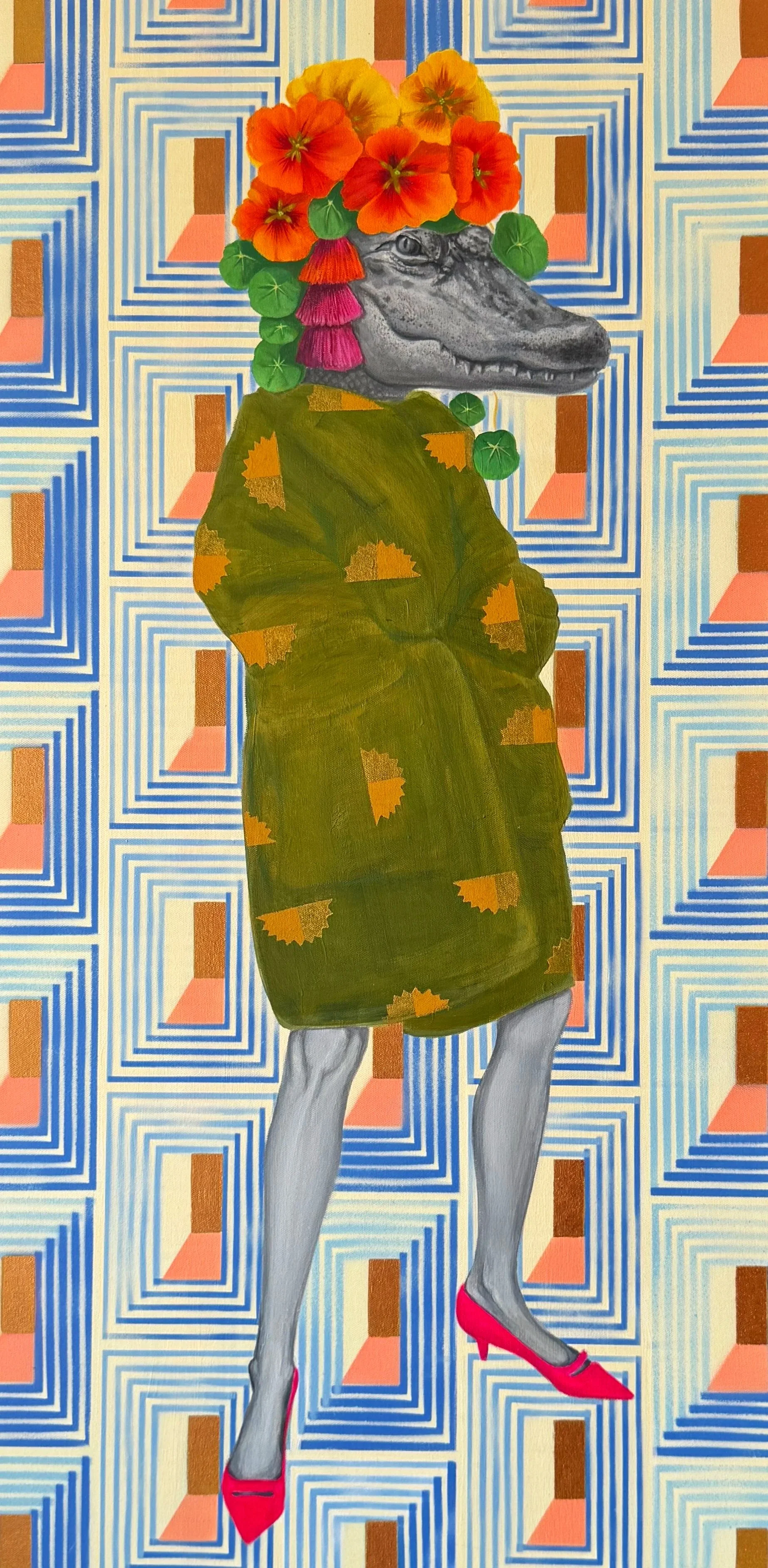 An illustration of a crocodile with a human body, wearing a green dress with orange leaf patterns and bright pink high heels, standing against a geometric patterned background.