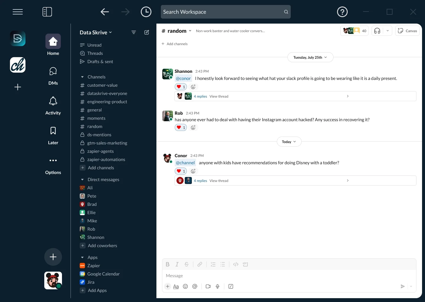 Slack workspace interface with channels, direct messages, and conversation threads with names like 'customer-value,' 'engineering-product,' and 'random.' Chat messages involve users discussing various topics.