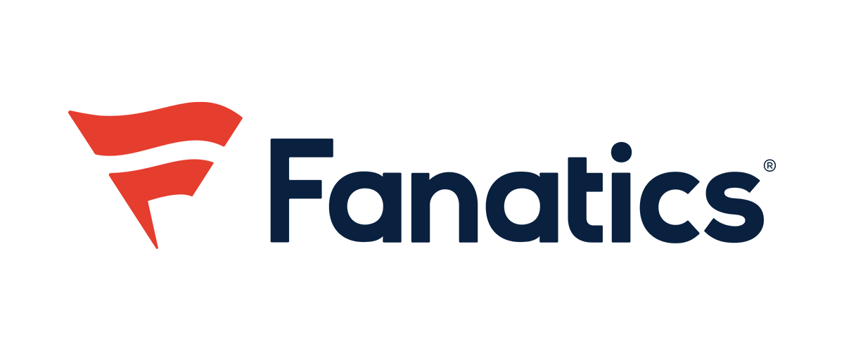 Fanatics logo with a stylized red 'F' and the word 'Fanatics' in dark blue text.