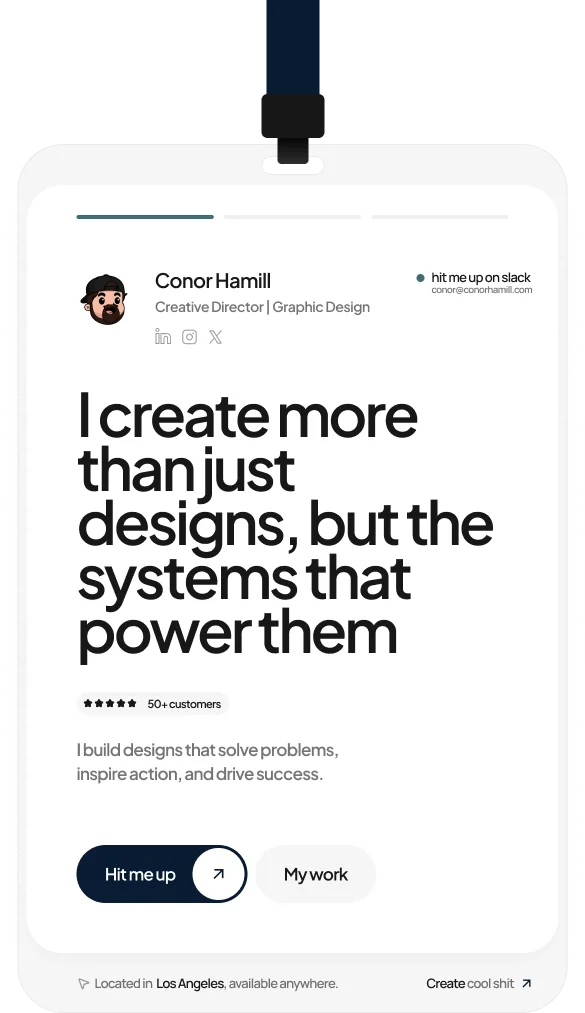 Screenshot of a mobile profile page for Conor Hamill, a creative director and graphic designer. The page features a quote: 'I create more than just designs, but the systems that power them,' along with options to contact or view work, and a note indicating the user is located in Los Angeles.