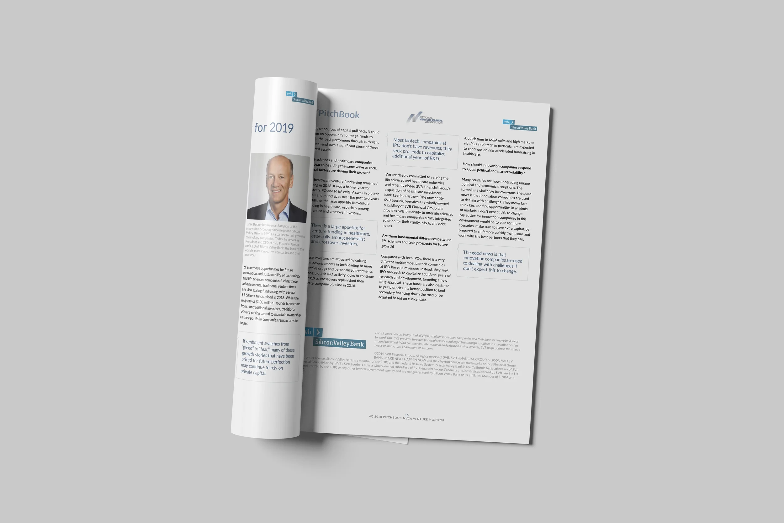 Open magazine with articles and a photo of a man on the left page, laying on a grey surface.