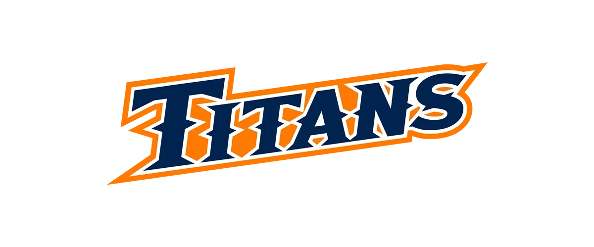 Logo with the word 'TITANS' in bold navy blue letters outlined in white, set against an orange and red background.