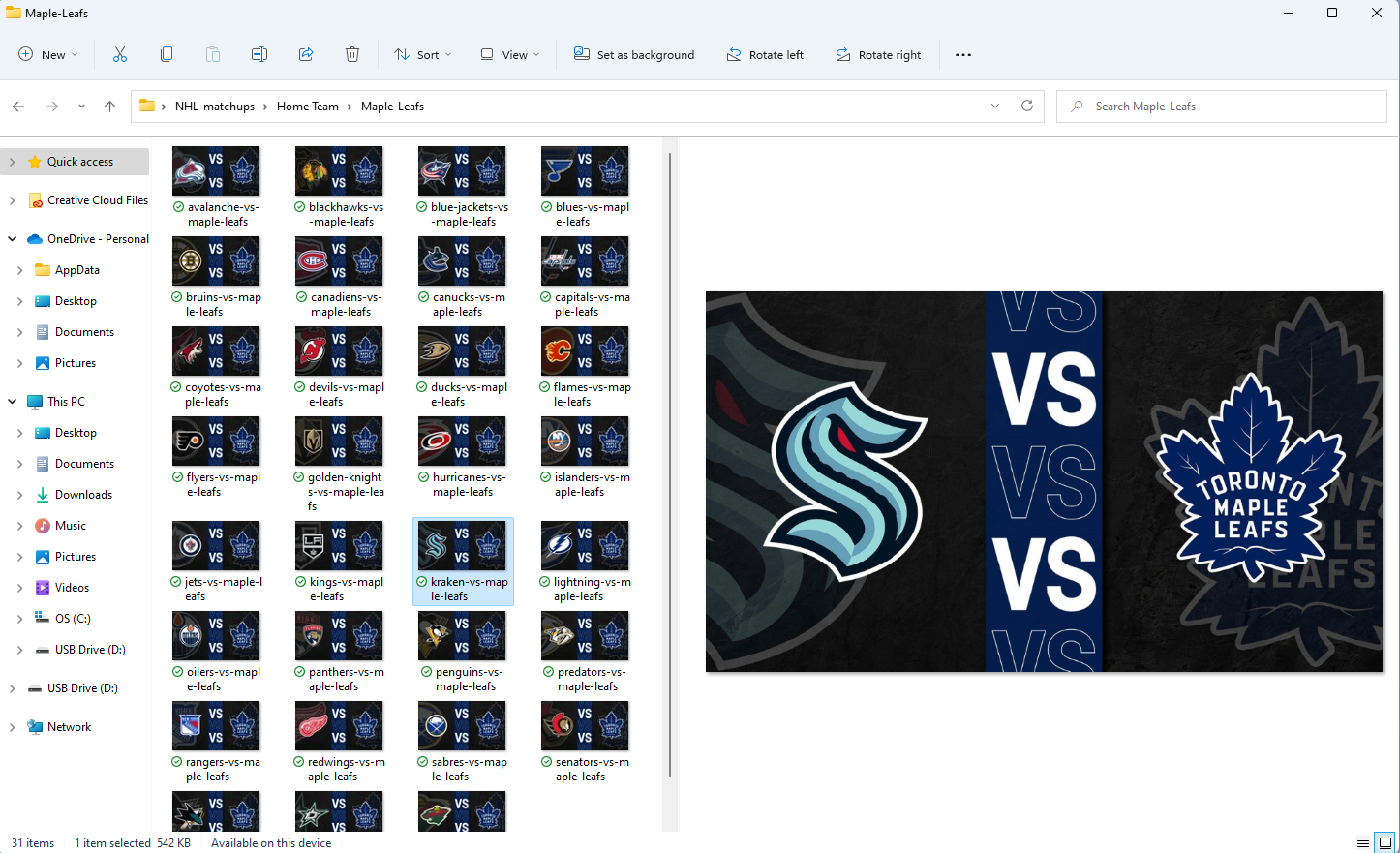 Folder with images of NHL hockey matchups between Toronto Maple Leafs and various teams, showing the Maple Leafs logo and other team logos.