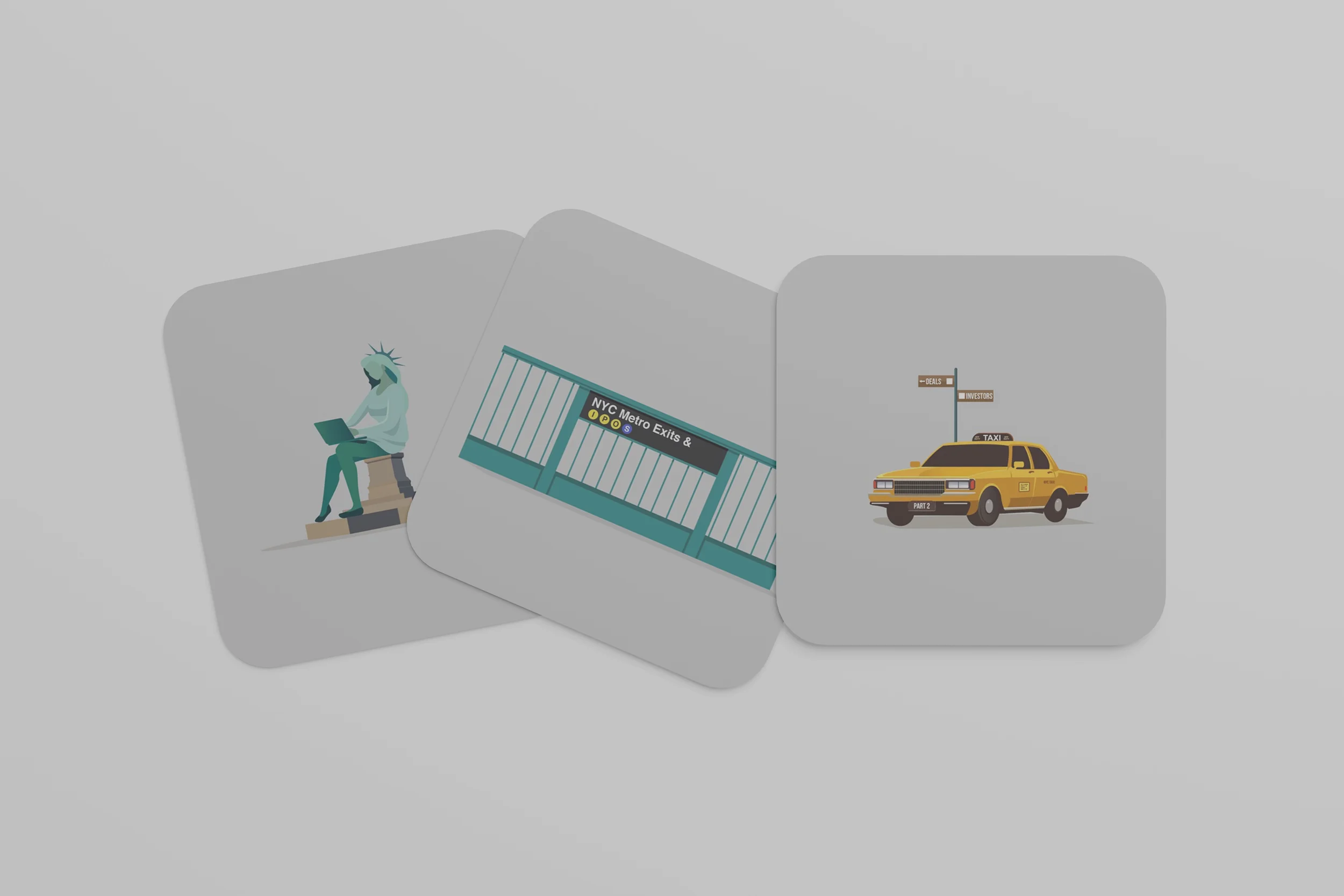 Illustration of a woman sitting on a bench using a tablet, NYC subway exits sign, yellow taxi cab with signposts for deals, investors, and taxi at the top.