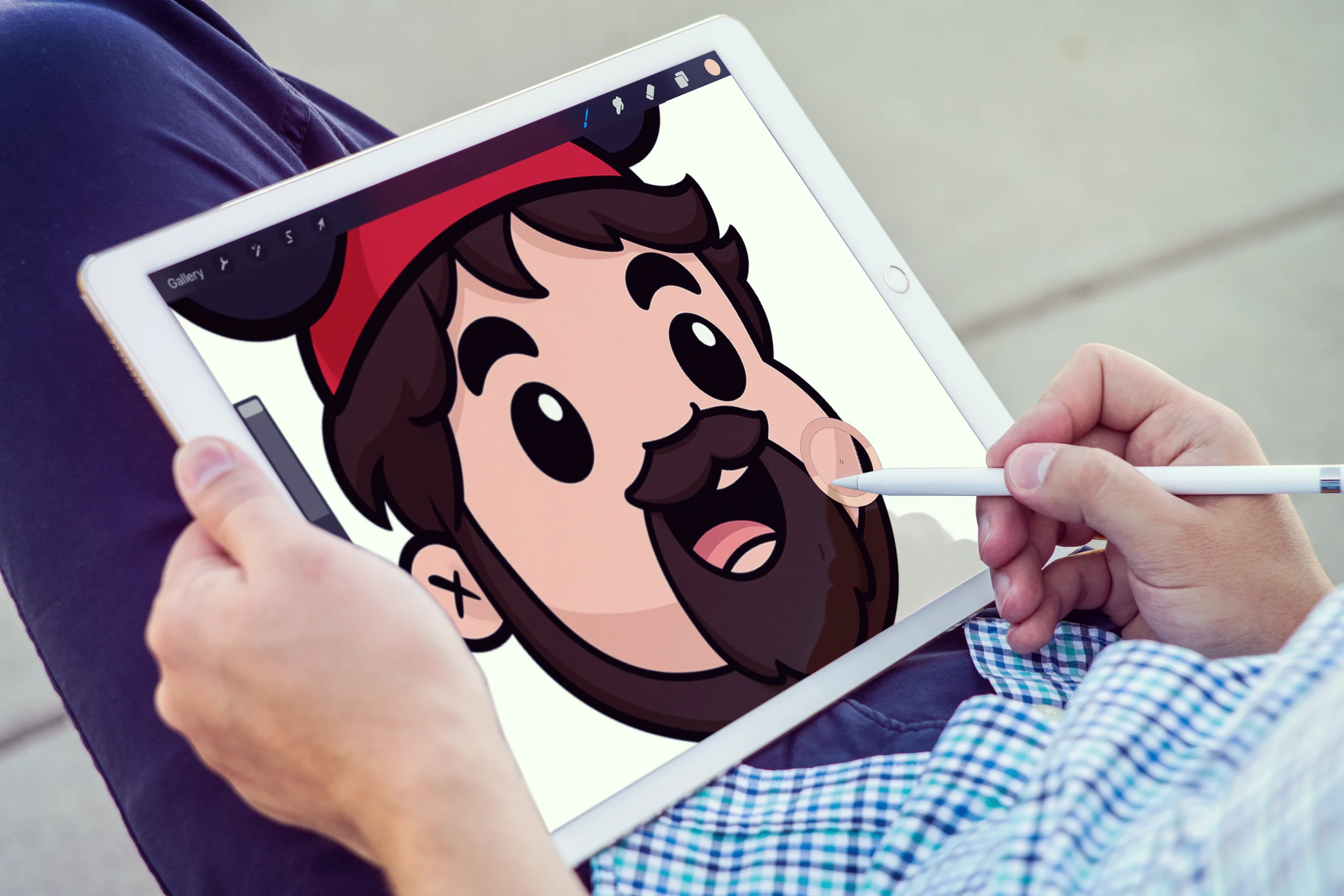 Person drawing a cartoon character of a man with a beard and mustache on a white tablet using a stylus.