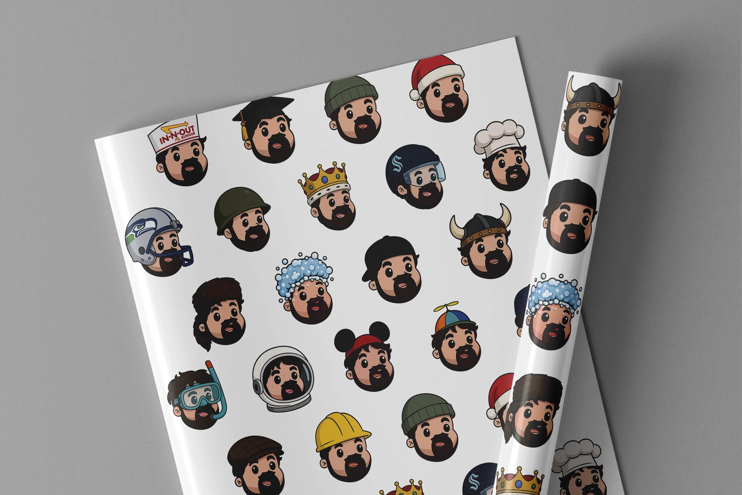Sheet of cartoon emoji like faces with various costumes including a chef, firefighter, superhero, Viking, pilot, explorer, and others, some wearing holiday accessories such as Santa hats.
