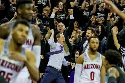 Basketball players and fans celebrating victory, with one coach in a white shirt and purple tie raising his fists.